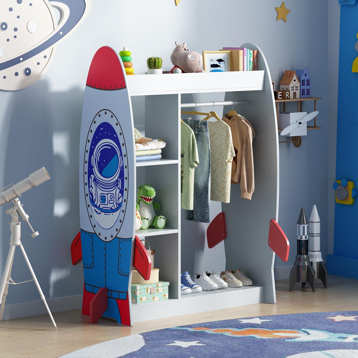 BVIUNTWO Rocket-Themed Kids Dress Up Storage with Mirror, Wooden Costume Organizer for Boys, Toddler Closet Organizers and Storage Armoire with Hanging Rod, Open Clothes Rack for Playroom & Bedroom
