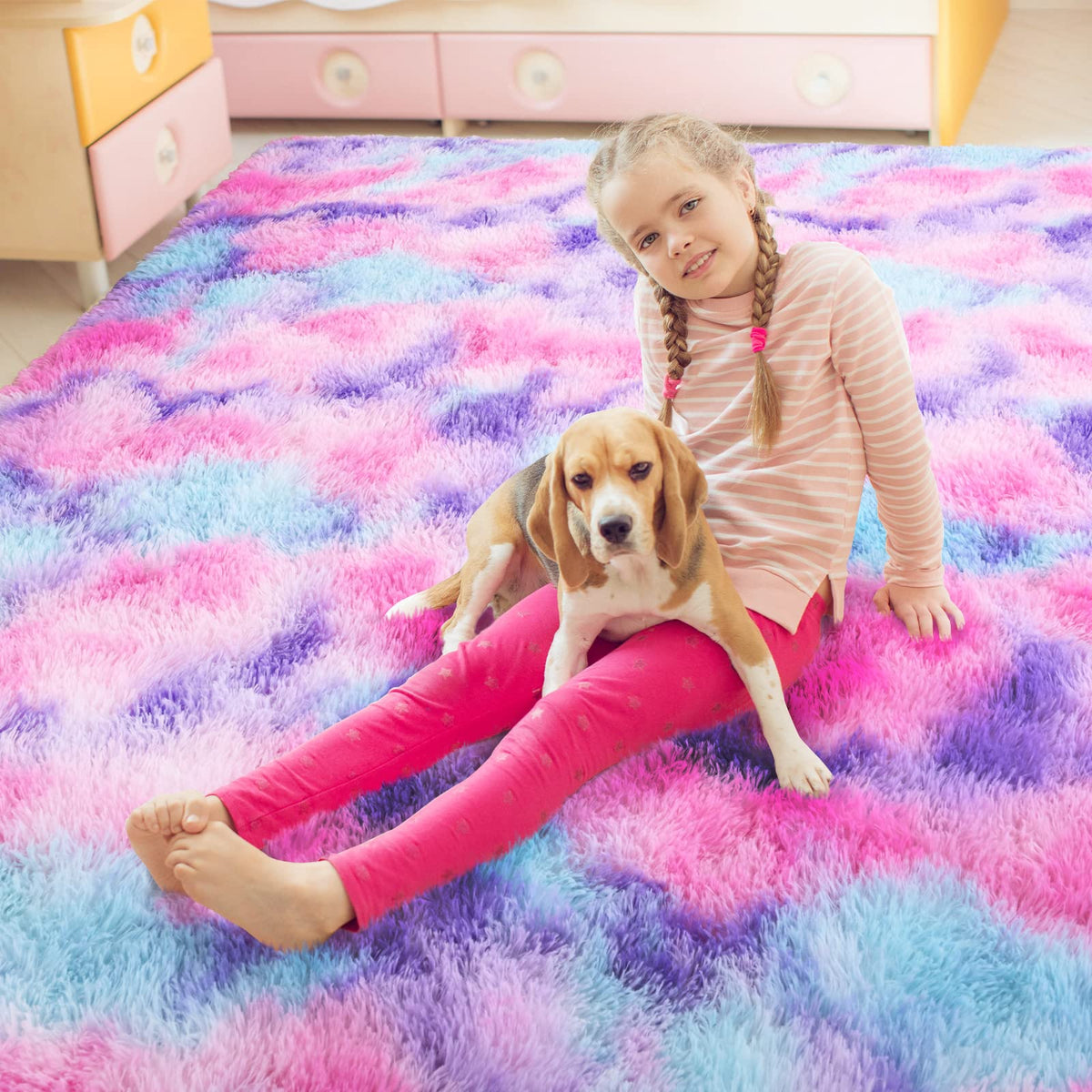 AROGAN Soft Rainbow Area Rug, Fluffy Hot Pink Girls Rug, 3x5 Feet