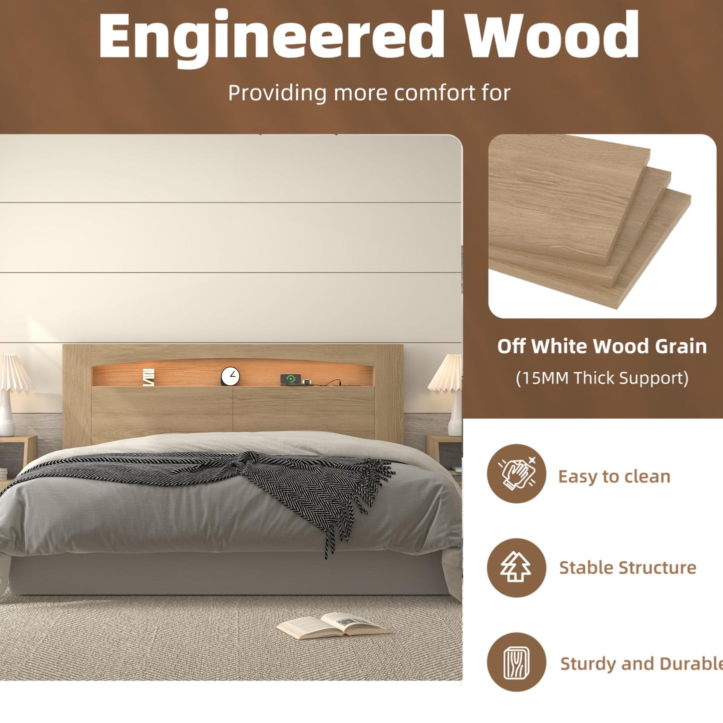 KATYGLORY King Size Headboard Only Modern Sturdy Wooden Bed Backboard Wall Mounted Head Board, 3 Storage Zones, Unique Skirting Groove, High Load Capacity with Solid Wood Leg (Oak, King)