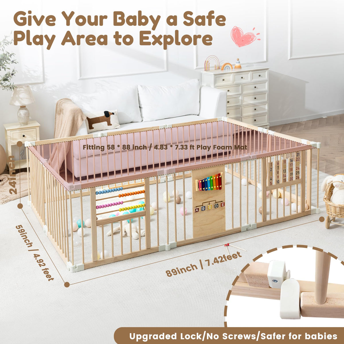 GGF Wooden Baby Playpen with 3 Montessori Toys, Foldable, 89 x 59 in