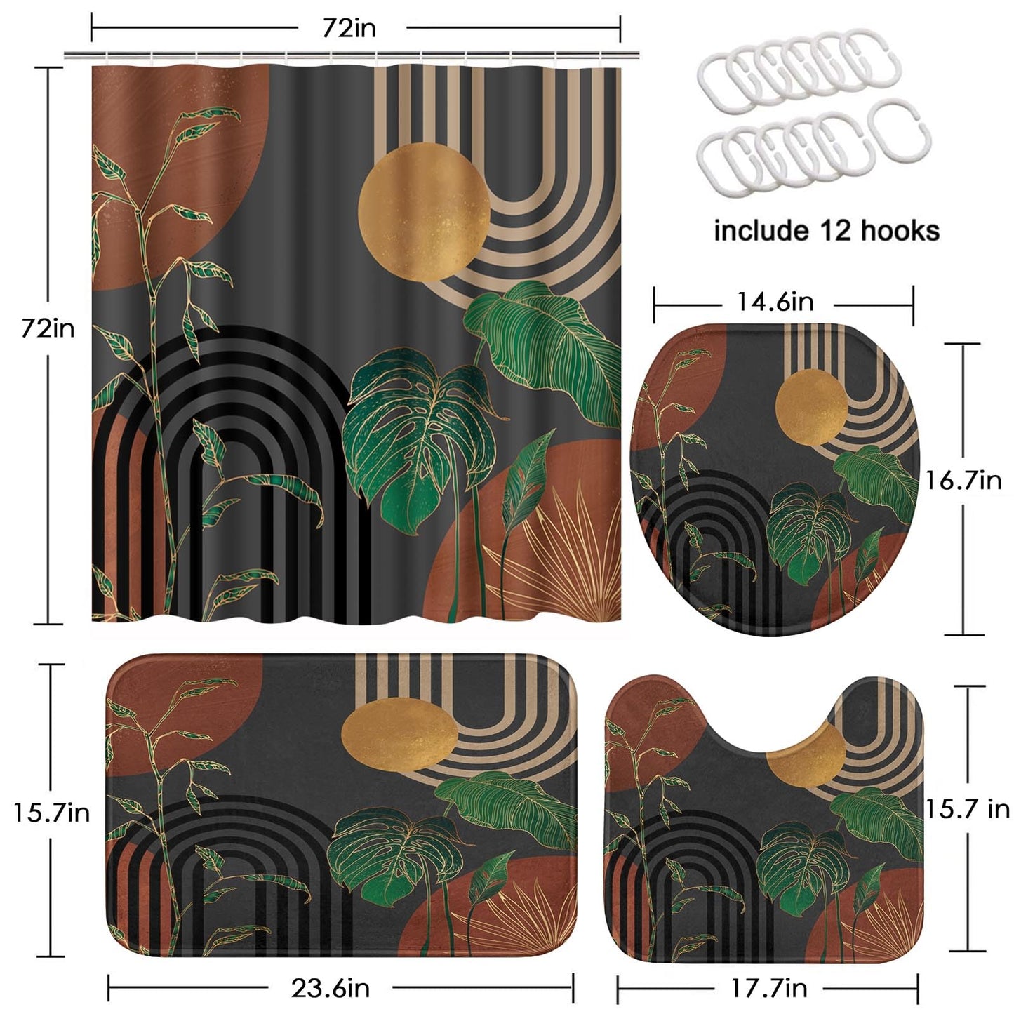 Tayney Bathroom Sets with Shower Curtain and Rugs, 4 Pcs, Boho Retro
