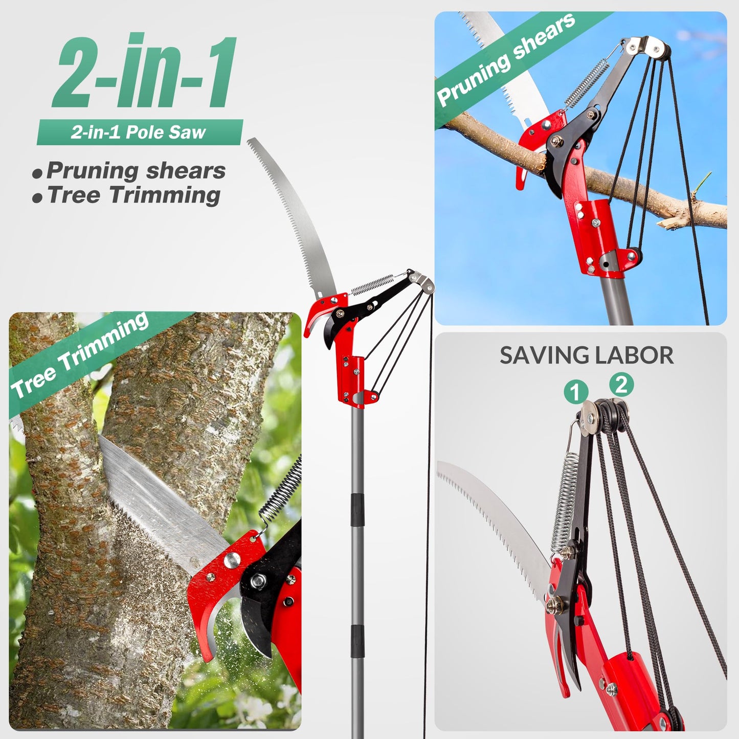 Suchtale Pole Saw 10FT, 2-in-1 Tree Pruner with Saw & Pruning Scissors, Quadruple Pulley Pole Trimmer for High Branch Cutting, Palm Tree, Fruit Tree & Shrub Pruning, Yard Garden Tree Care