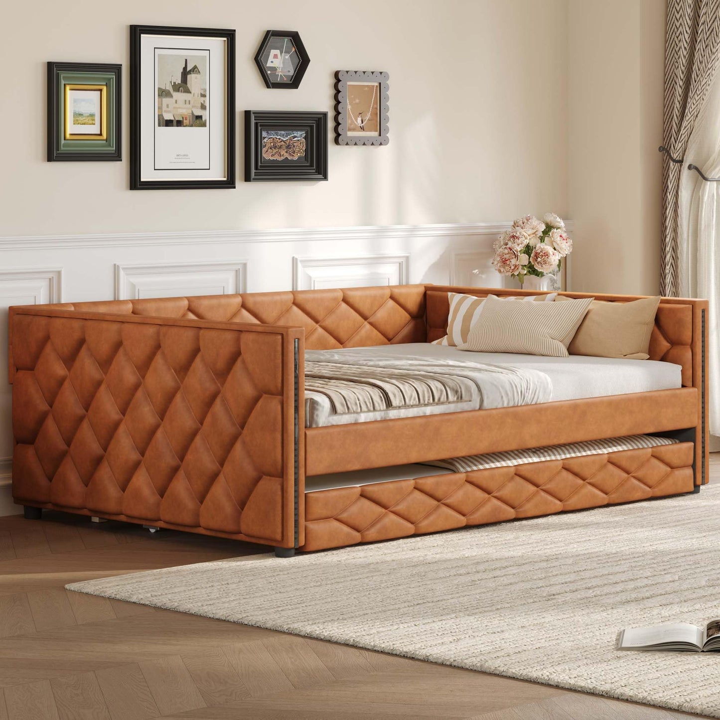 SRJunidexor Full XL Upholstered Daybed with Trundle and LED Armrests, Faux Leather Sofa Bed with Pull Out Guest Bed, Modern Platform Daybed for Living Room, Dorm, Small Spaces (Brown)