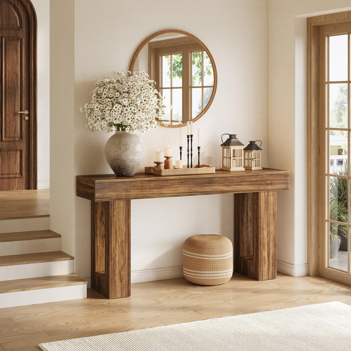LITTLE TREE 63 Inches Long Sofa Table, Industrial Console Table for Entryway, Wooden Sofa Table for Living Room, Behind Couch Table, Rectangle Hallway Foyer Table for Entrance, Rustic Brown