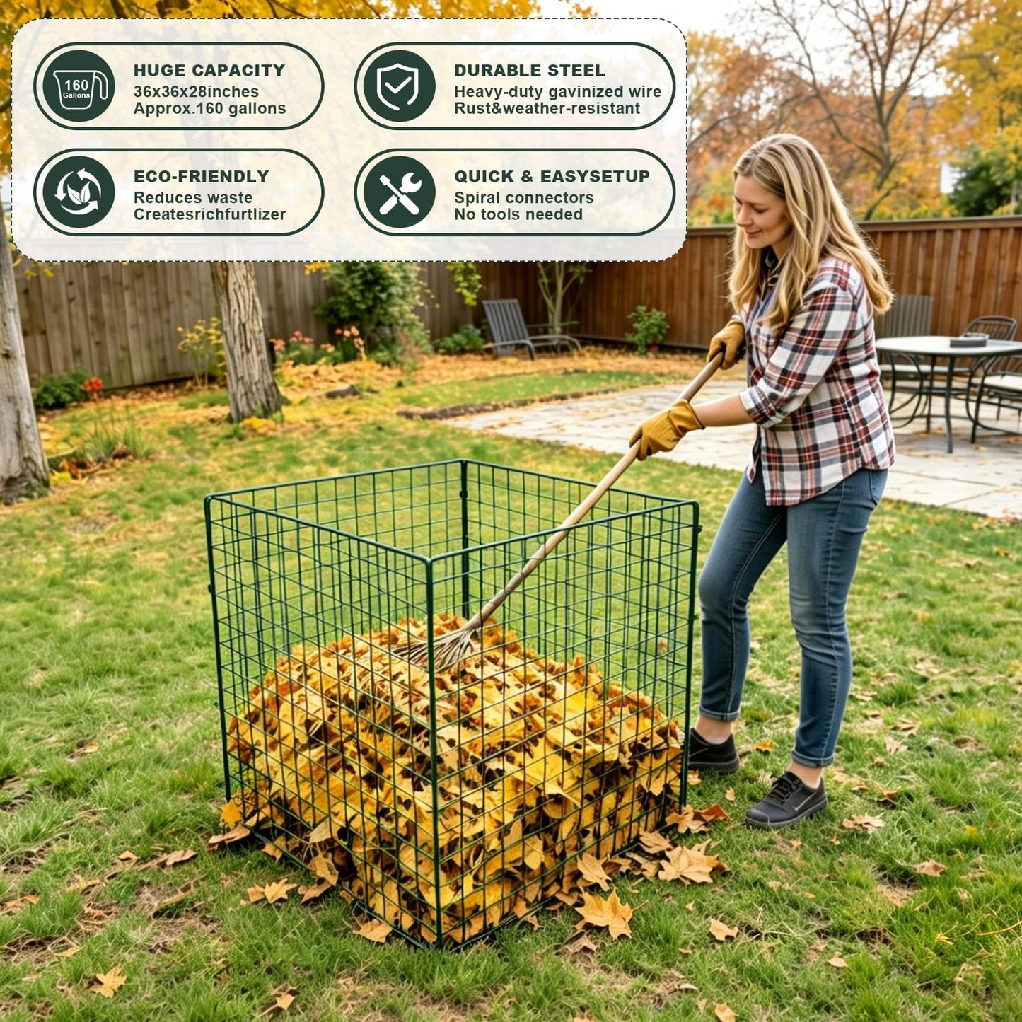Large Compost Bin Outdoor, Square Mesh Garden Wire Compost Bin for Stacking Leaves and Yard Waste Green 36X36X28 Inches