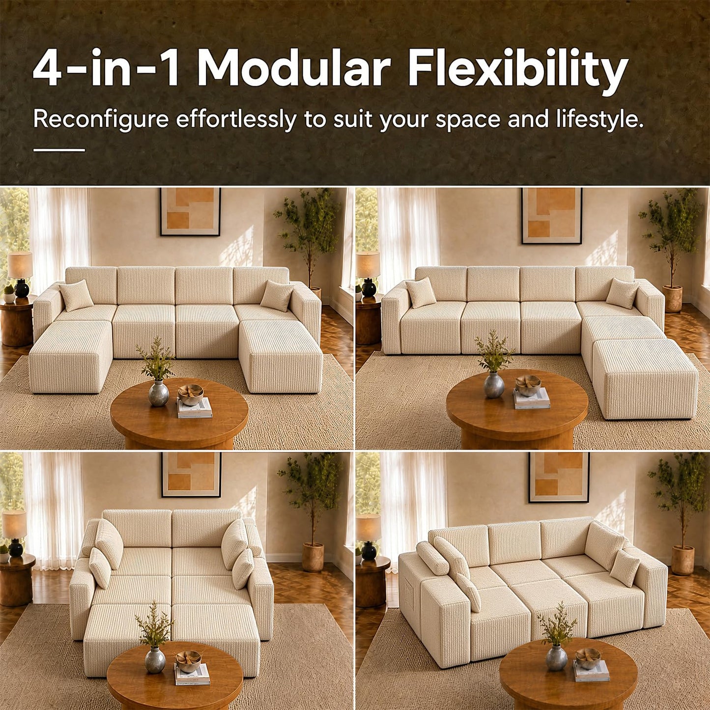 130'' Modular Sectional Couches for Living Room, Deep Seat Corduroy Convertible L Shaped Sofa with 2 Ottomans, Removable Cover, Side Storage Pockets & Adjustable Back Pillows, Beige