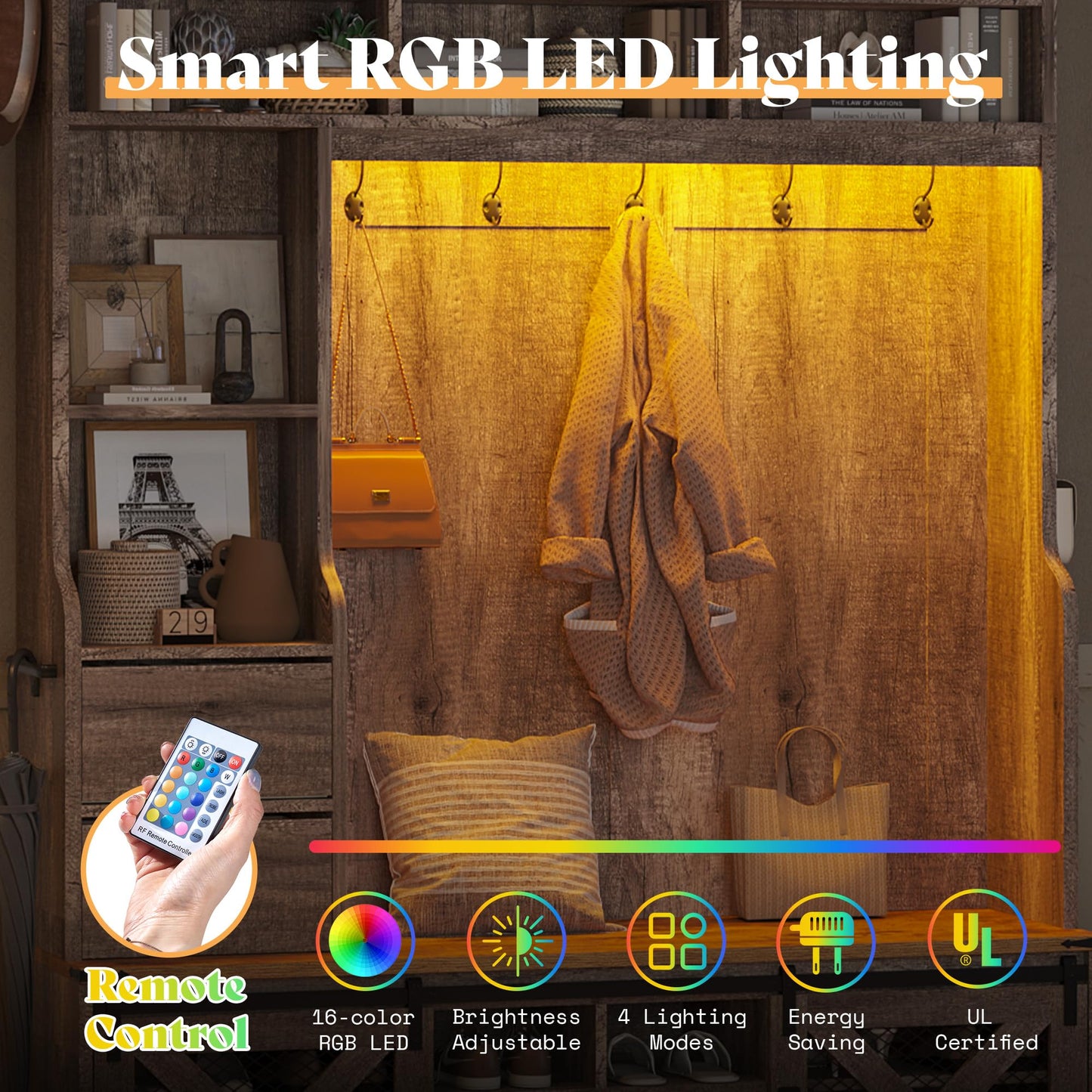 AMERLIFE 75" 7-in-1 Farmhouse Hall Tree with Shoe Bench & LED, Rustic Grey