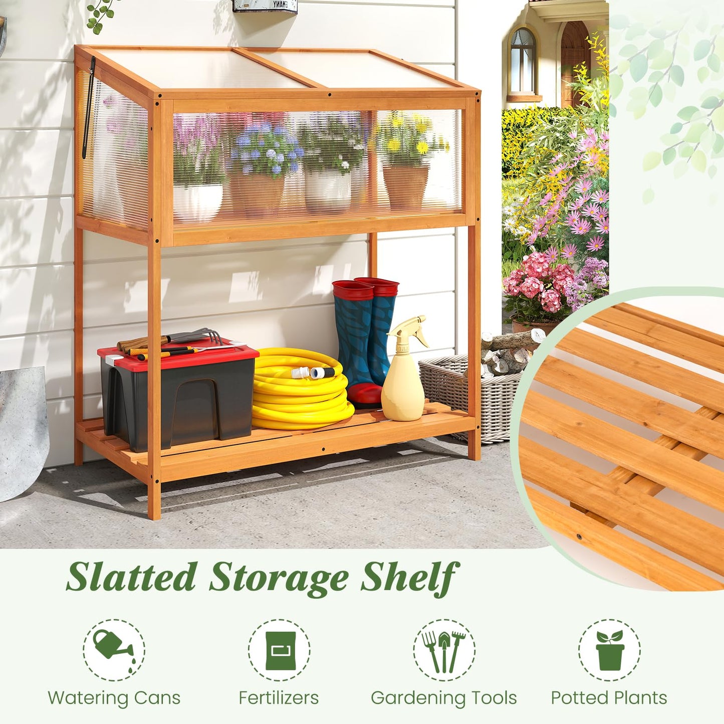 Giantex Wood Cold Frame Greenhouse, Raised Flower Planter Protection with Transparent Openable Roof & Slatted Shelf, Indoor Outdoor Hot House for Garden Balcony, 36”x20”x42”