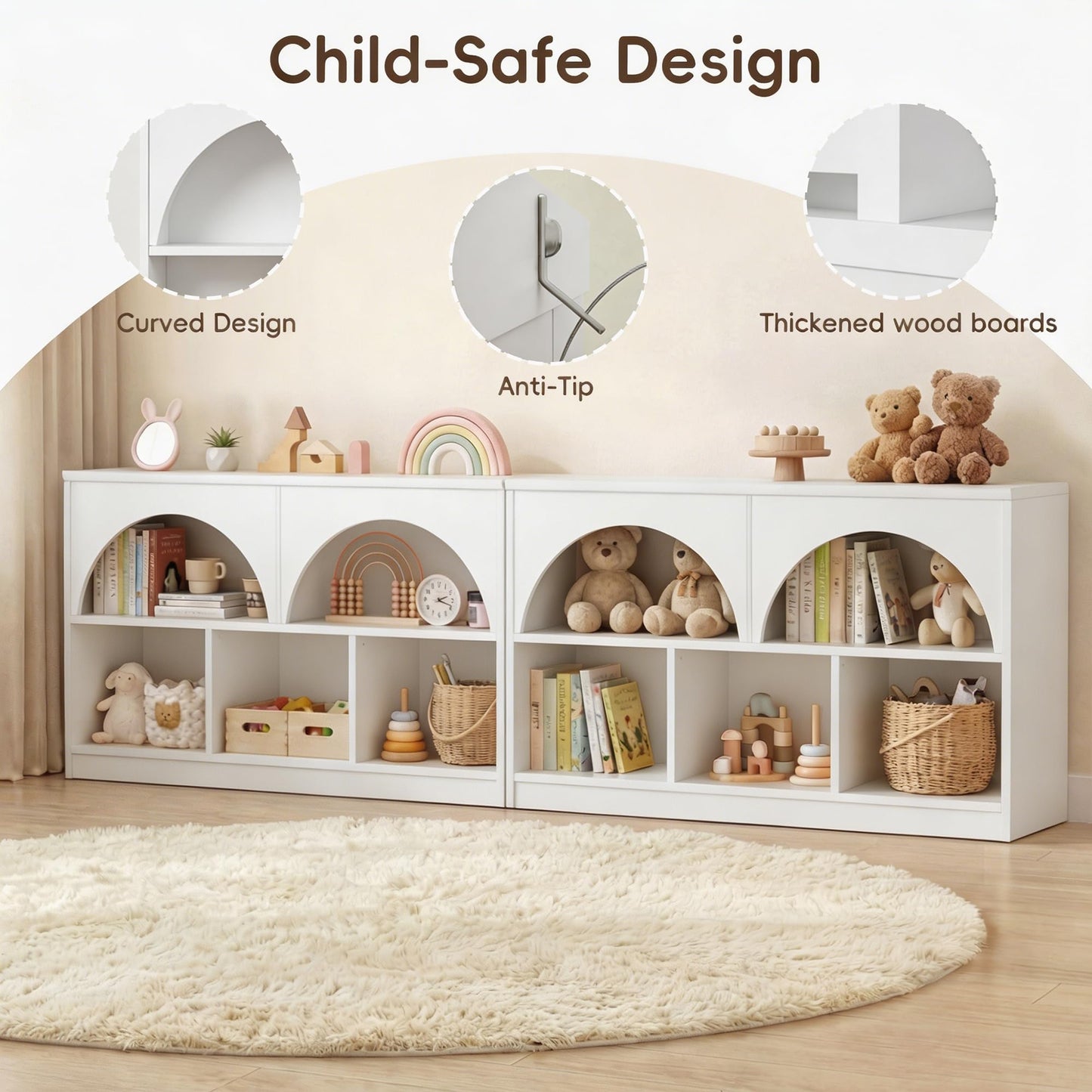 Fatmok 2-Shelf Bookcase Set of 2, Arched Design Wooden Toy Storage Organizer and Storage for Books Toys, 5-Section Montessori Bookshelf for Kids Rooms, Playroom, Nursery, Kindergarten (White)