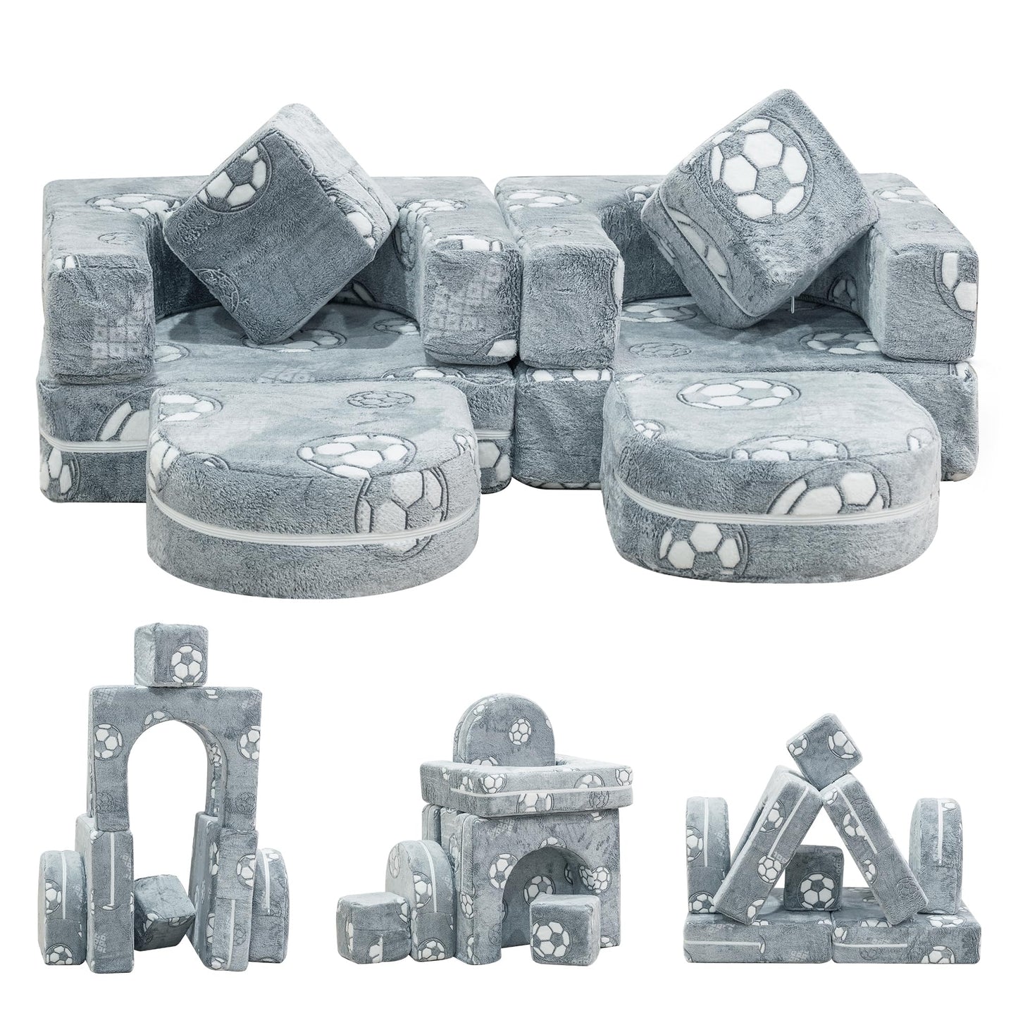 furlinkhm Modular Kids Play Couch, Kids Couch for Playroom Bedroom, Glow in The Dark, 5 Seconds Instant Expansion, Glowing Football, Grey