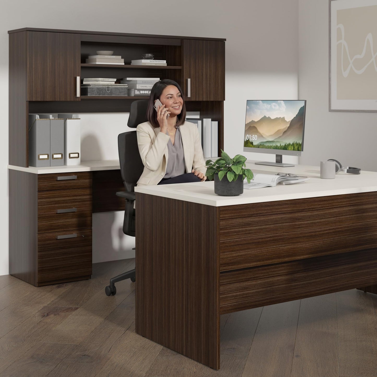 Bestar, Ridgeley Collection, 3-Piece Set Including a U-Shaped Desk with Hutch, a Lateral File Cabinet, and a Bookcase