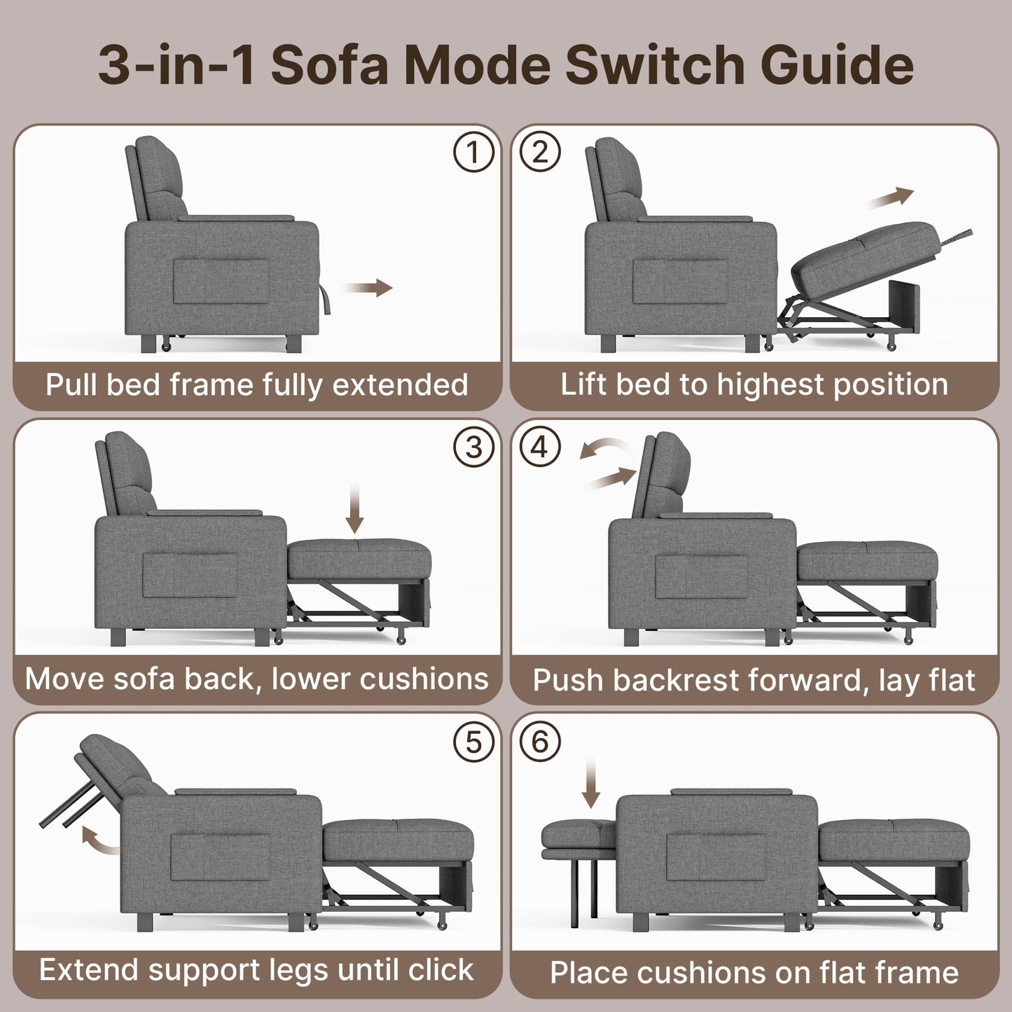 Gizoon Convertible Sofa Bed, 3-in-1 Pull Out Couch, 5-Position Adjustable Backrest & Side Pockets, Modern Small Loveseat Sleeper Sofa for Living Room, Apartment, Dorm, Studio, Guest Room, Grey