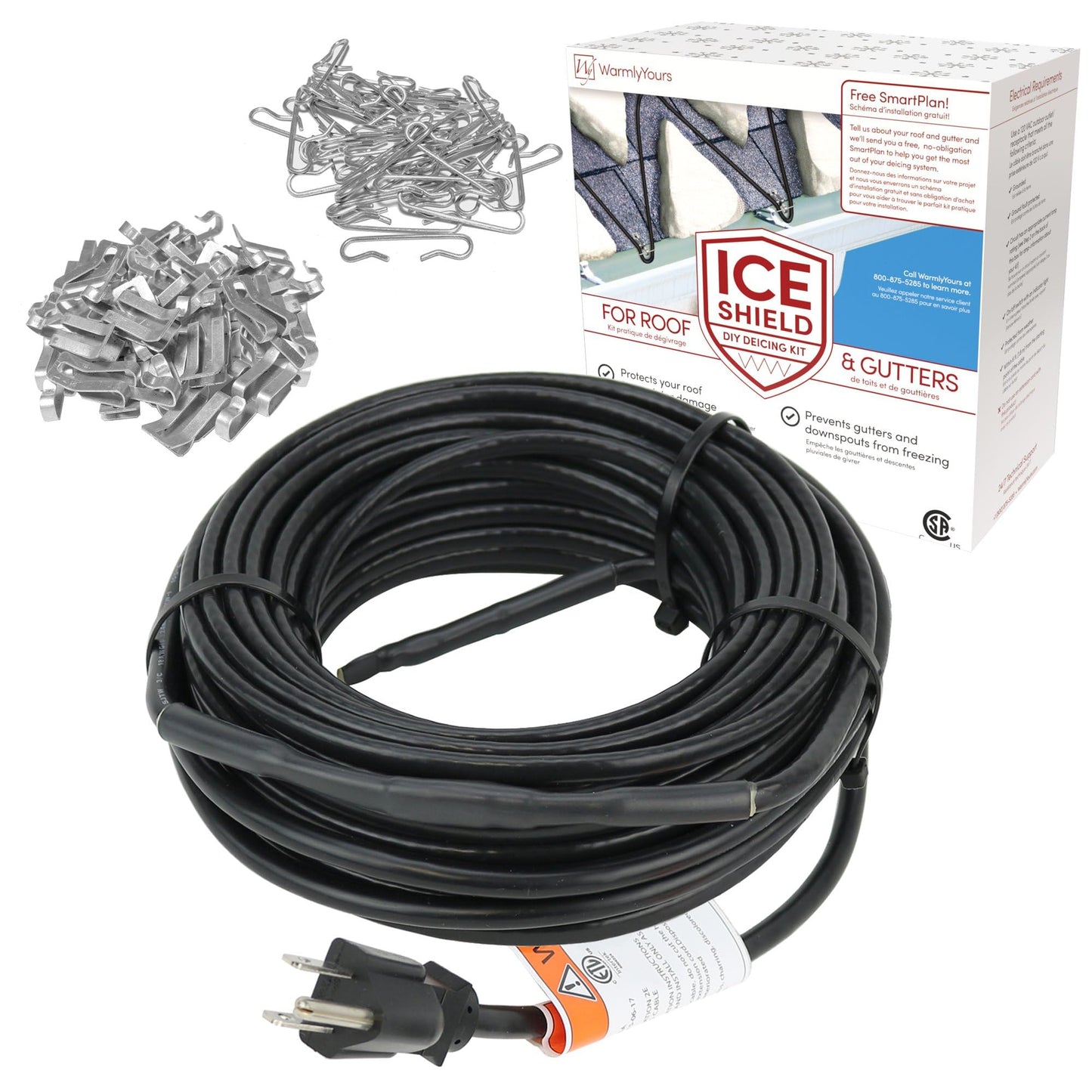 WarmlyYours Roof Snow De-Icing Heat Cable 60 ft., 5 Watts/ft. Heat Tape for Roof and Gutters, Ice Dam and Snow Damage Prevention System with Clips and Spacers (Ice Shield)