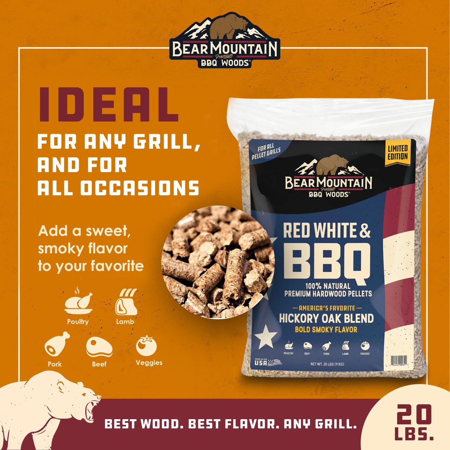 Bear Mountain BBQ Limited Edition Red White & BBQ Wood Pellets, 20 Pounds, Blue