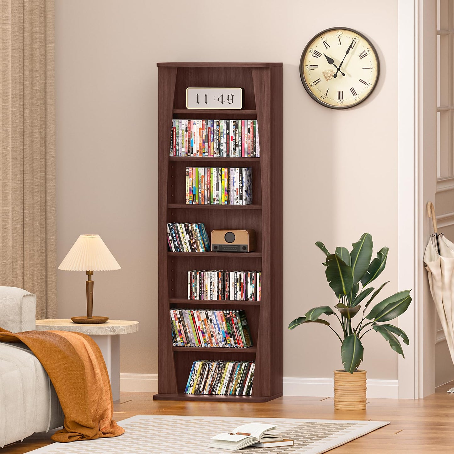 LELELINKY 7 Tier Arched DVD Shelf, DVD Rack with Adjustable Shelves, Walnut