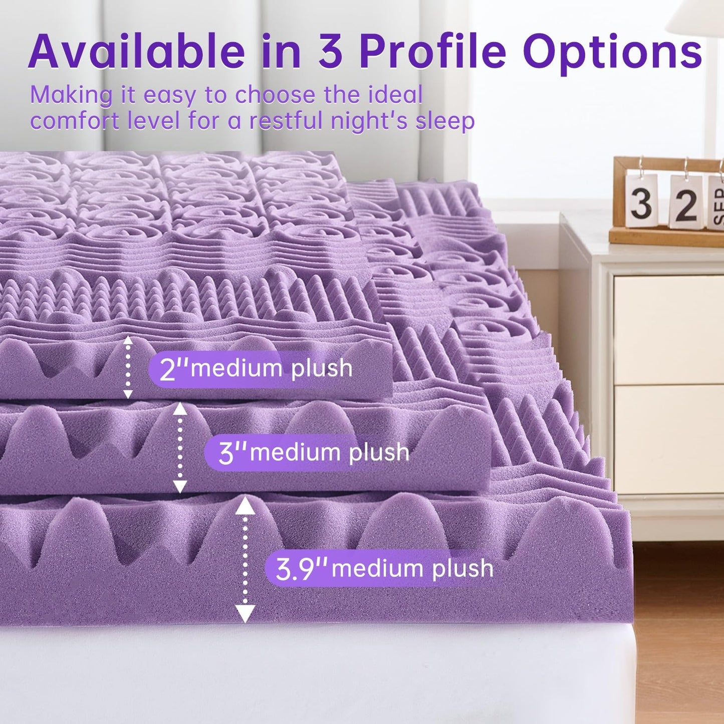 MUXHOMO 3 Inch Full Size Mattress Topper, 7-Zone Cooling Gel Infused Mattress Topper, Egg Crate Memory Foam Bed Pad, CertiPUR-US and Oeko-TEX Certification (54"×75", Lavender)