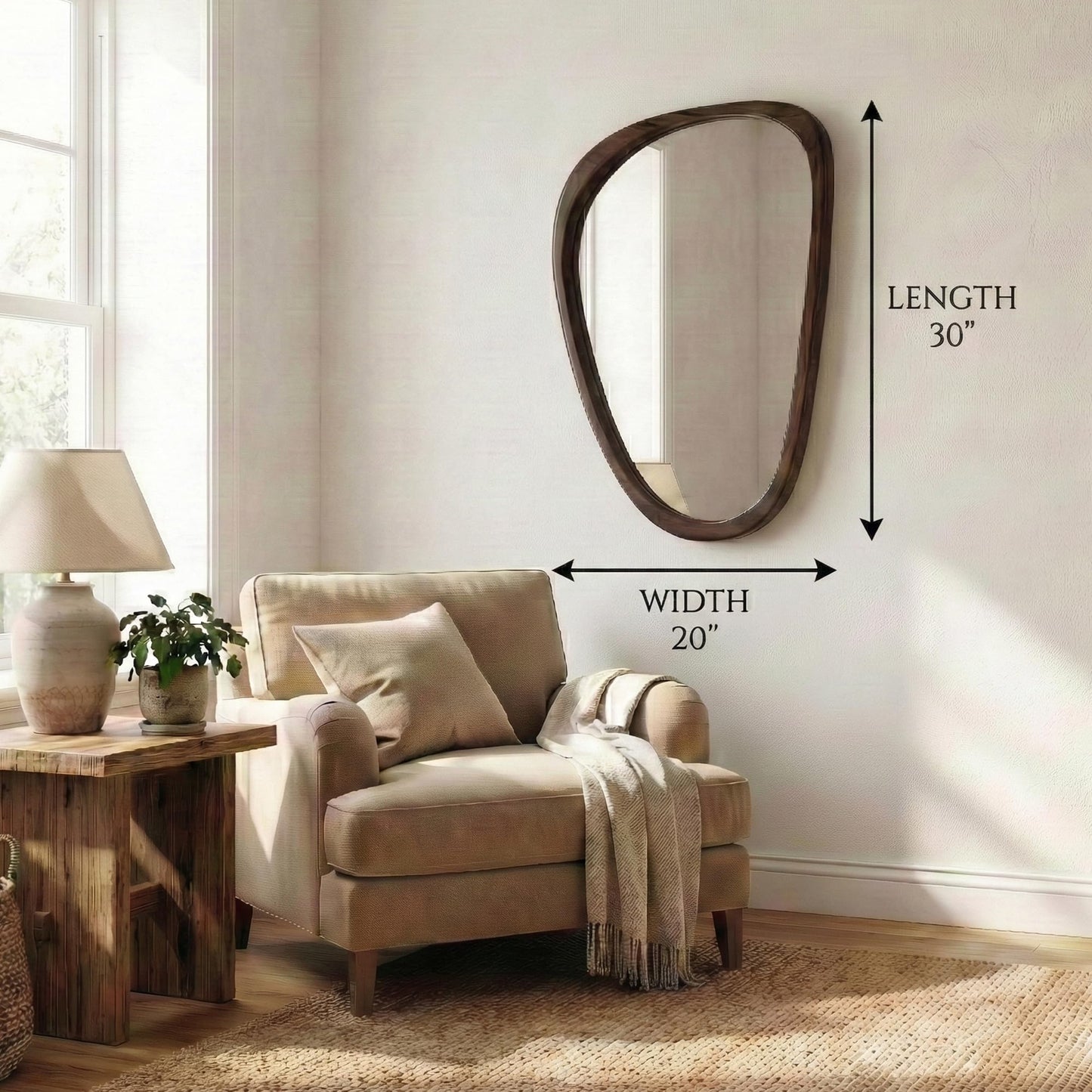 Pocetry Solid Wood 30"x20" Irregular Asymmetrical Wall Mirror, Japandi Boho Mid-Century Modern Decorative Accent Mirror, Small Organic Shaped Wooden Wall-Mounted Mirror, Dark Walnut