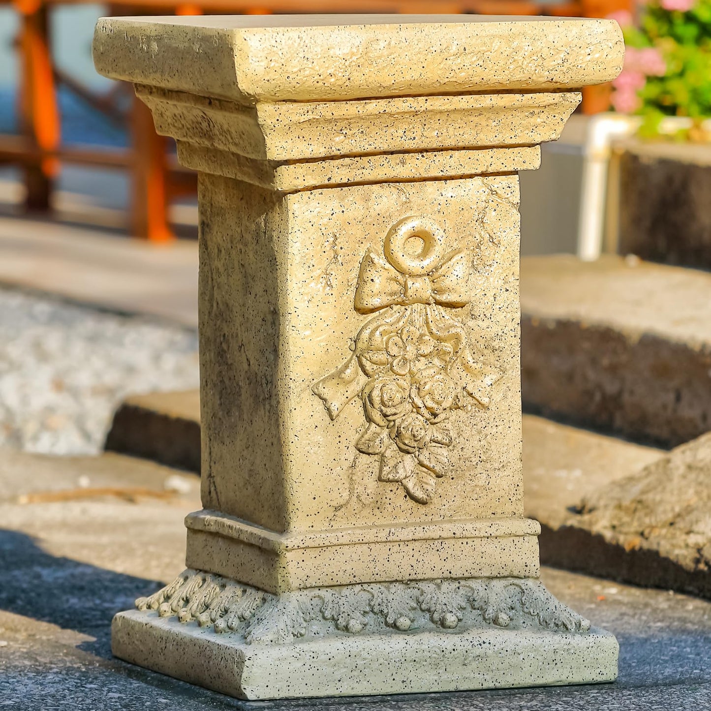 MOCOME 19" Tall Garden Pedestal Stand with Bow Design, Heavy Duty Magnesium Oxide Plinth, Weatherproof Outdoor Pedestal for Sculptures, Flower Pots, Decor – Sturdiness Plinth Base Statue Riser
