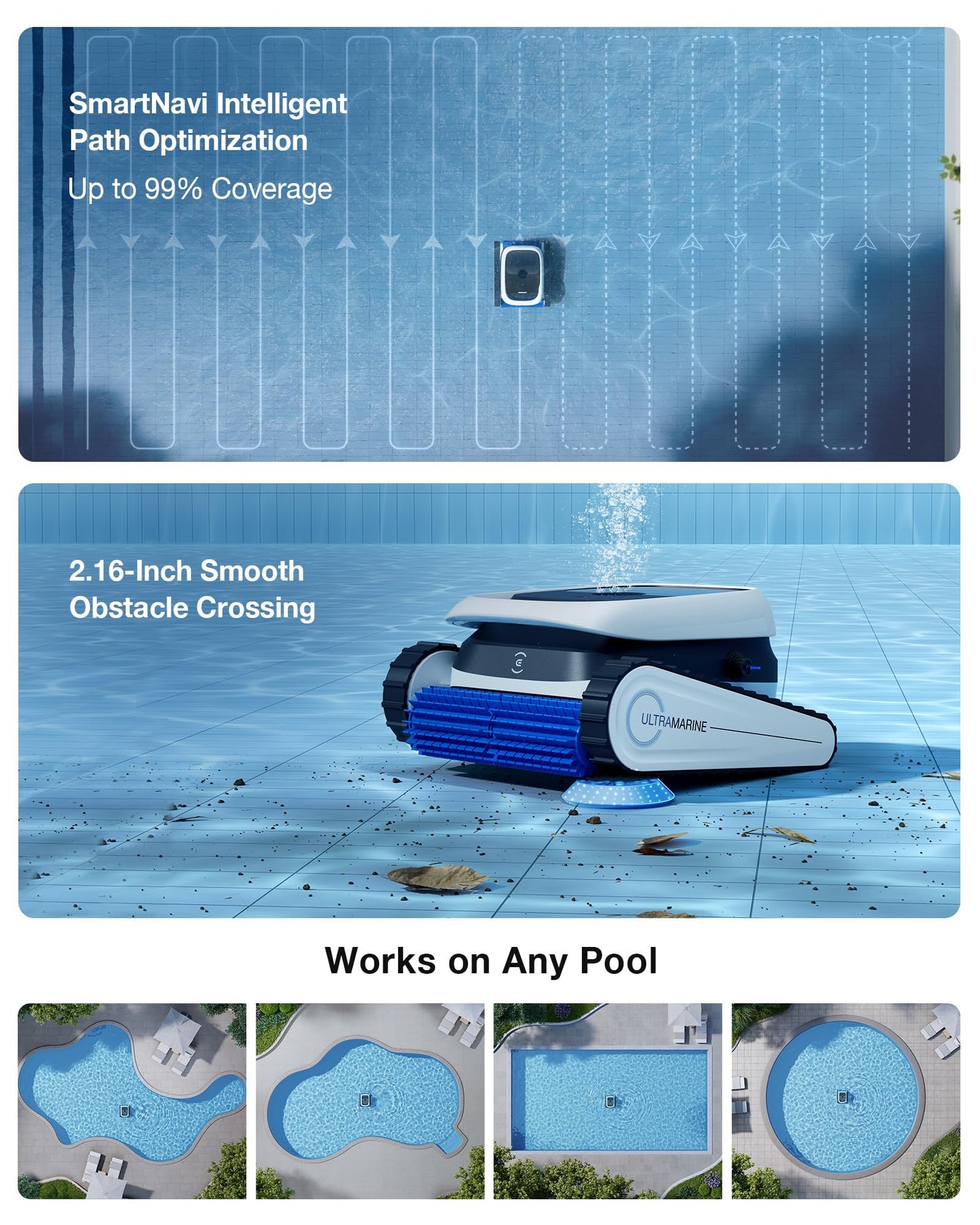 ECOVACS Ultramarine P1 Cordless Robotic Pool Vacuum for Inground & Above Ground Pools, 180 Min Runtime, Smart Navigation, App Control Pool Vacuum for Floor, Wall & Slope, Cleaning Up to 1937 sq ft