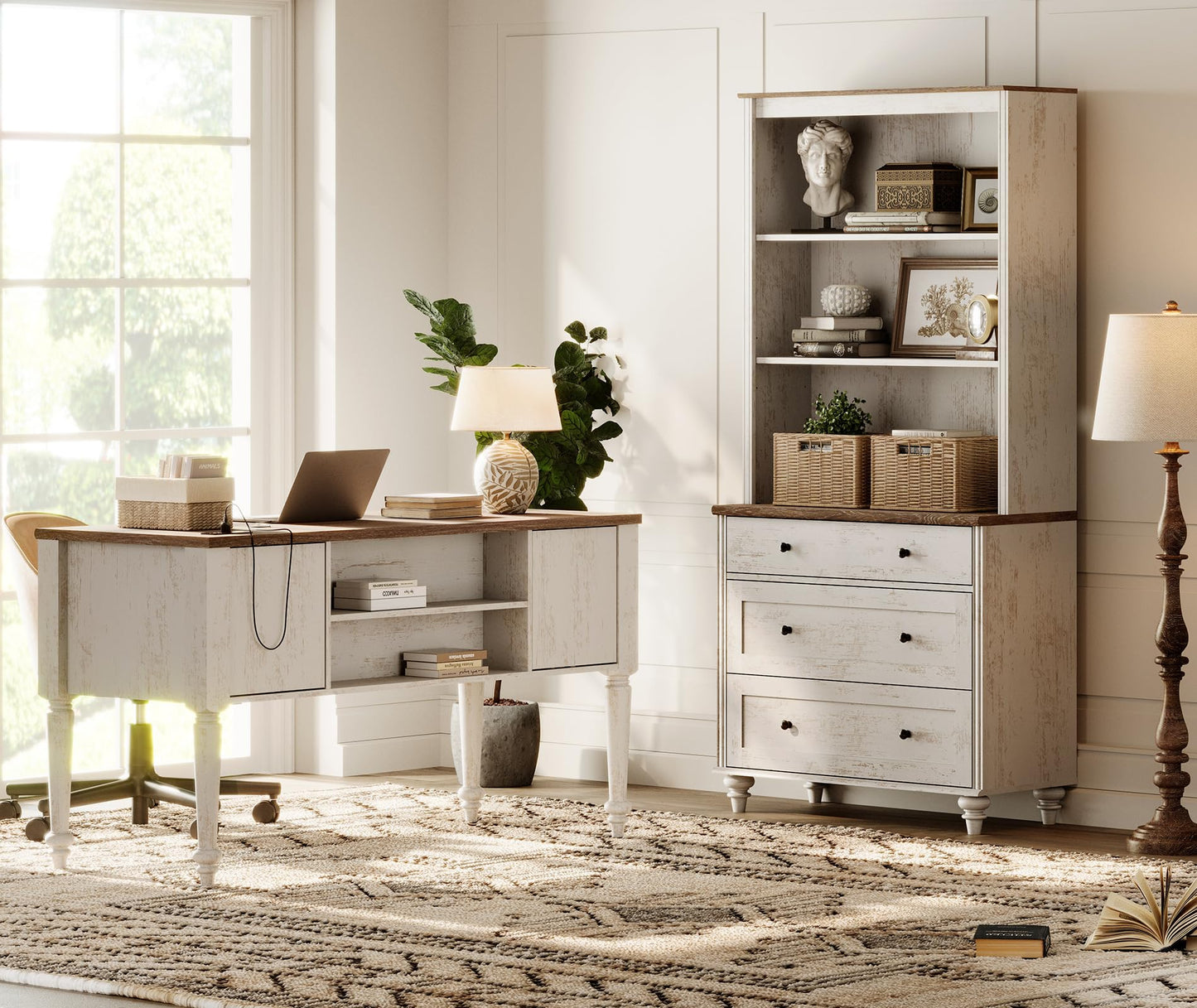 WAMPAT Home Office Furniture Set, 56" Executive Desk with Charging Station, 72" Tall Bookcase with 3 Drawers, Wood Computer Desk with File Cabinet, Open Shelf, Rustic White