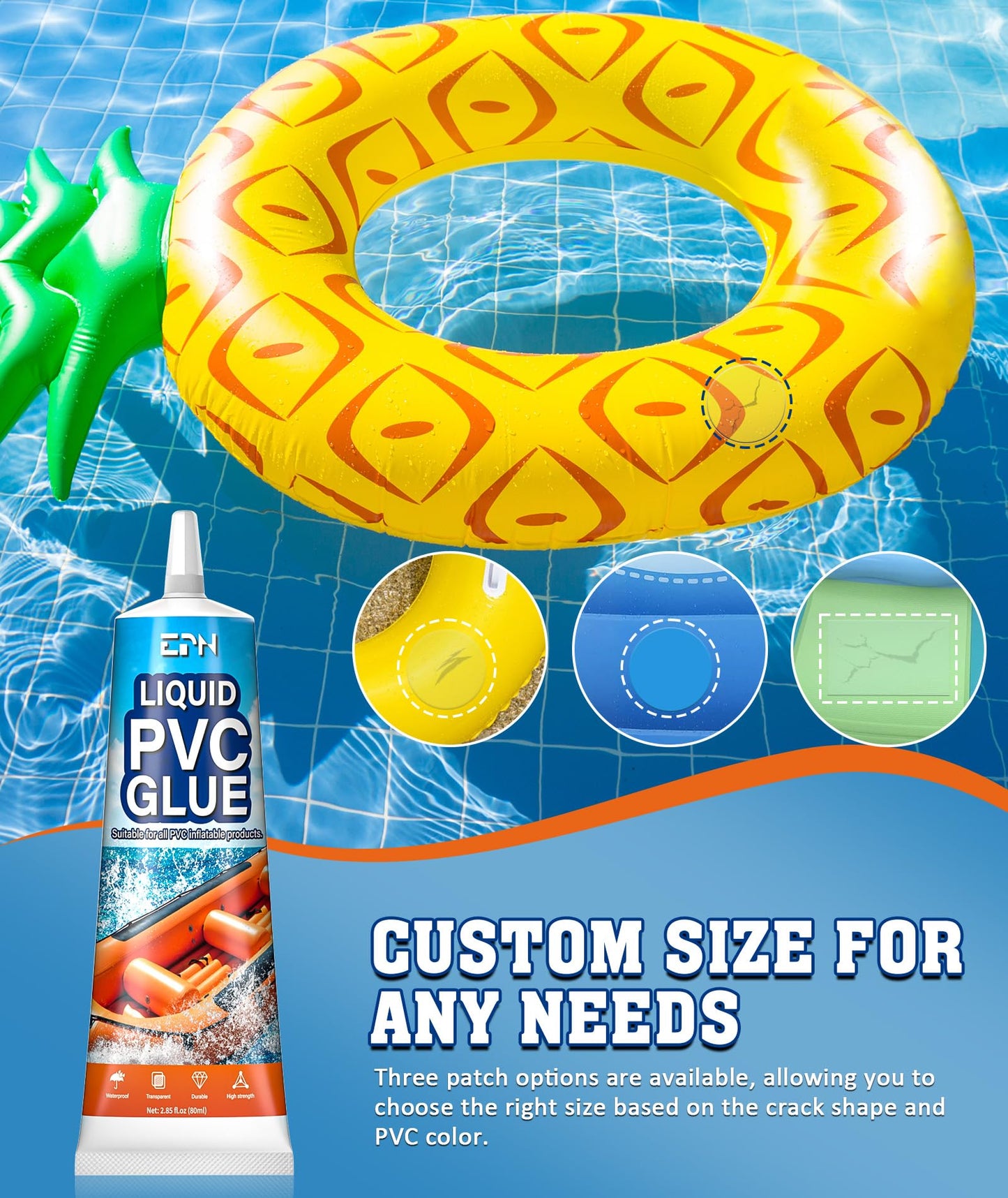 EPN Air Mattress Patch Kit, Waterproof Vinyl Pool Liner Repair Kit for Inflatables, Air Mattress, Swimming Ring, Tent, Bounce House, Inflatable Toys, Hot Tub, PVC Boat, Raft, Kayak (80 ML)