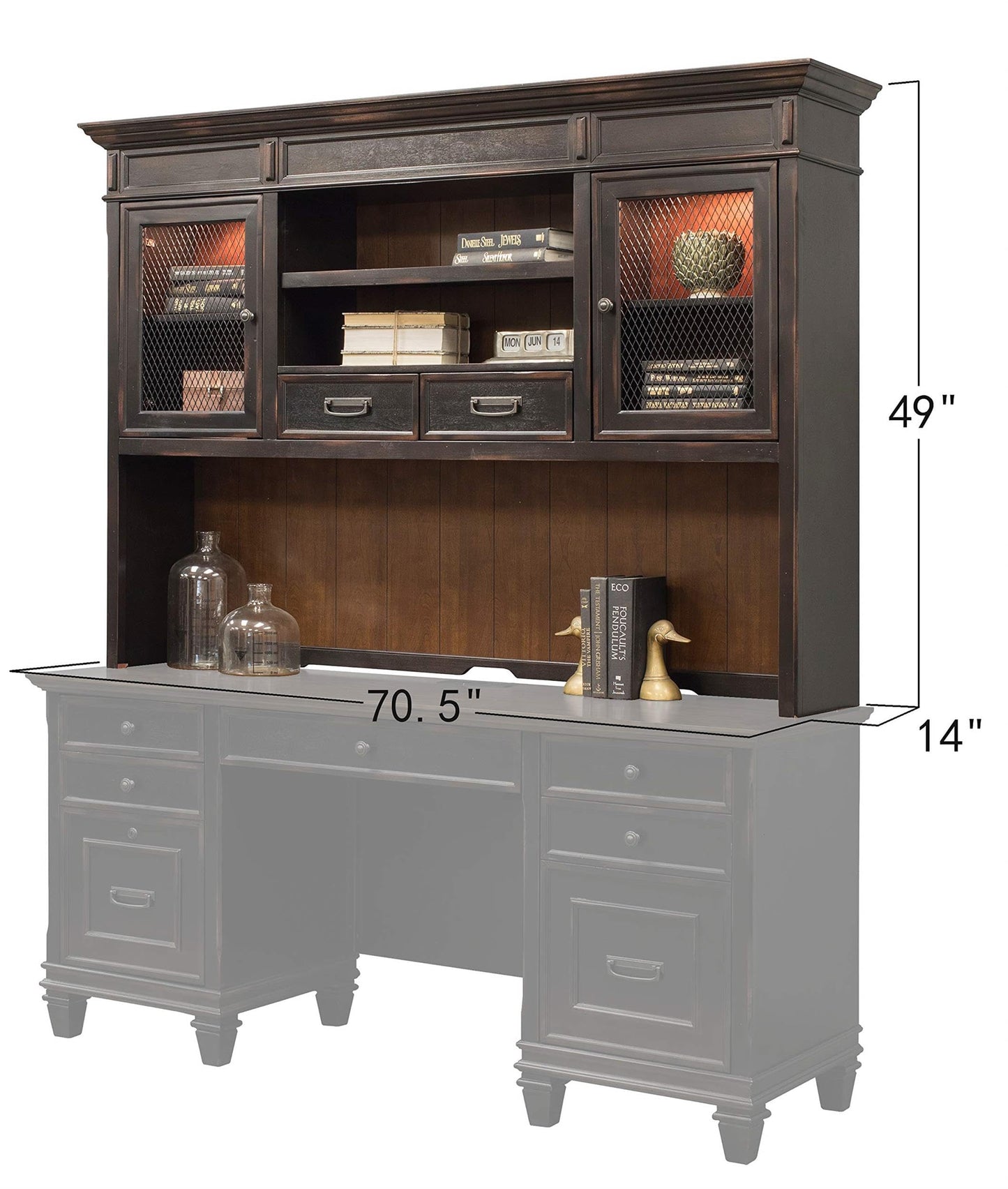 Martin Furniture Hartford Wood Hutch with Wire Mesh Doors Storage Hutch Office Cabinet Black
