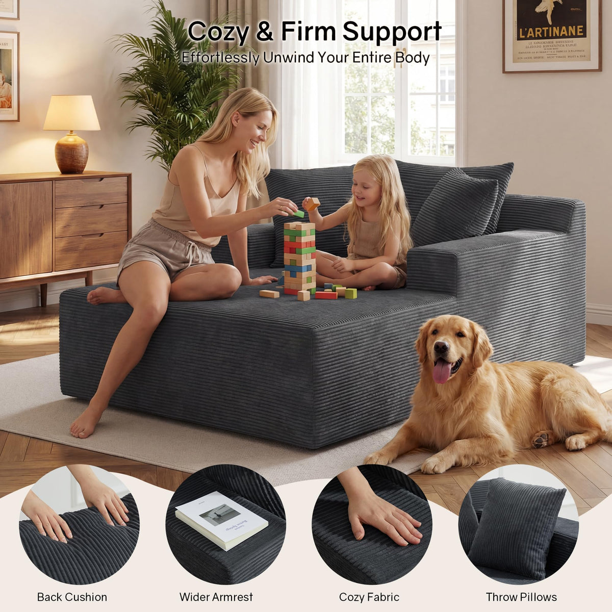 66" Chaise Lounge Chair Indoor, Oversized Boneless Lounge Chair with 3 Pillows, Cloud Reading Chair for Living Room Bedroom, Deep Seat Sleeper Couch, No Assembly Required
