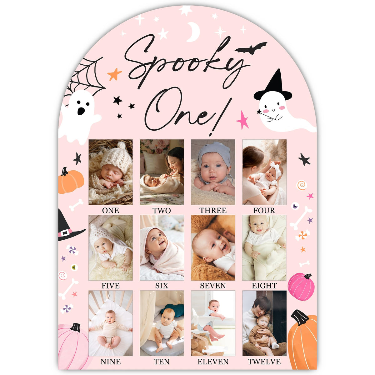 UIBOVA Halloween My First Year Photo Board, Spooky One Ghost Baby Milestone Signs for Boys Girls Nursery Decor, 12 Month Wooden Picture Board for 2x3 Photos, Best Babies Keepsake Gifts-A22