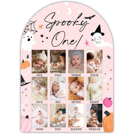 UIBOVA Halloween My First Year Photo Board, Spooky One Ghost Baby Milestone Signs for Boys Girls Nursery Decor, 12 Month Wooden Picture Board for 2x3 Photos, Best Babies Keepsake Gifts-A22