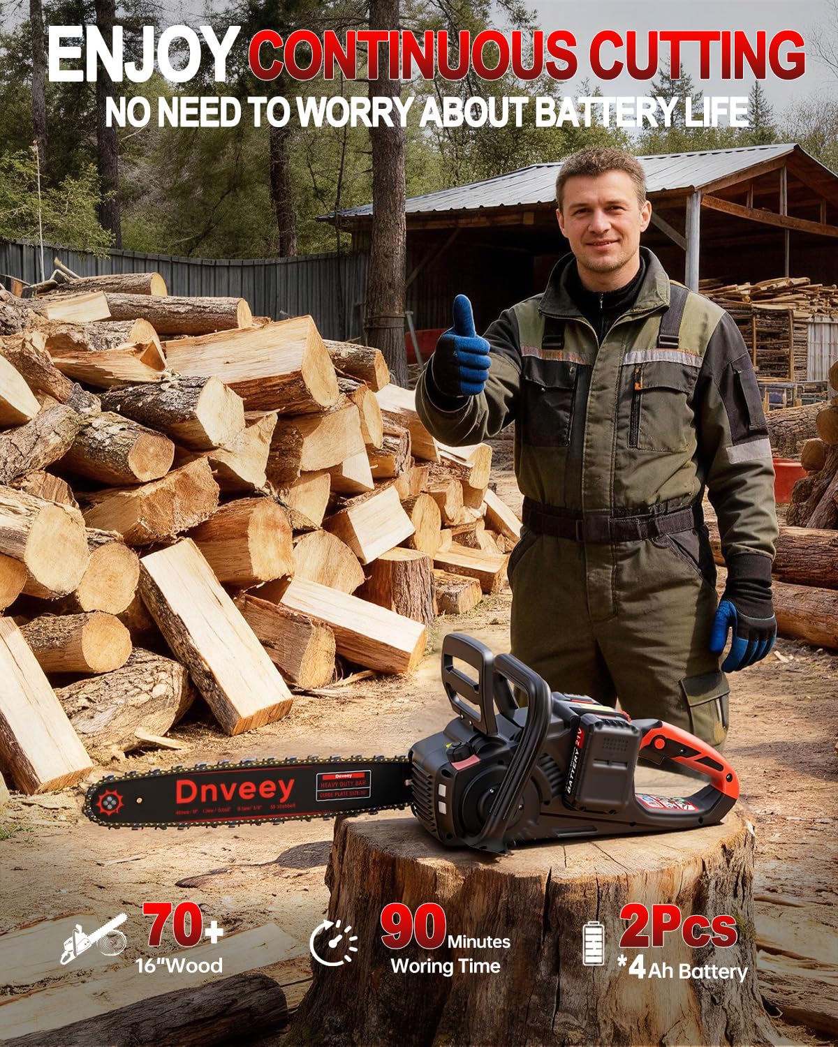 Snoonwee 2100W Battery Powered Chainsaw for Storm Cleanup, 18 and 16-Inch Interchangeable Bars, 42V Max Cordless Electric Chain Saw with Two 4.0Ah Batteries for Backyard Tree Felling (Red Black)