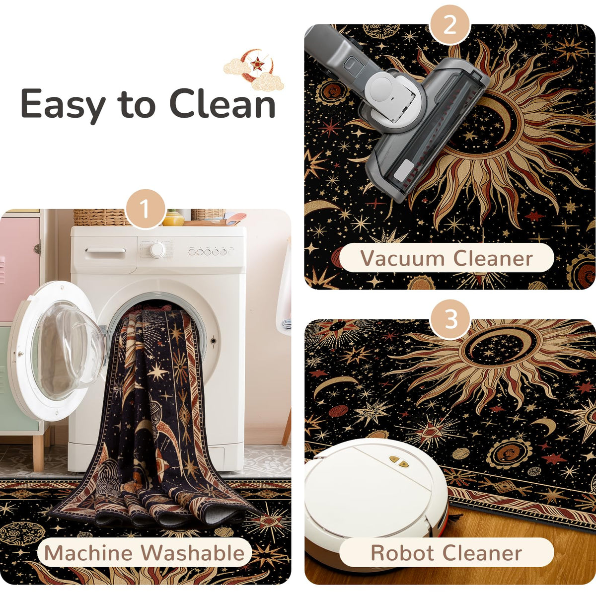 meejou Vacuum-Friendly, 5x7 Washable Area Rug, Black Gold Beige Red