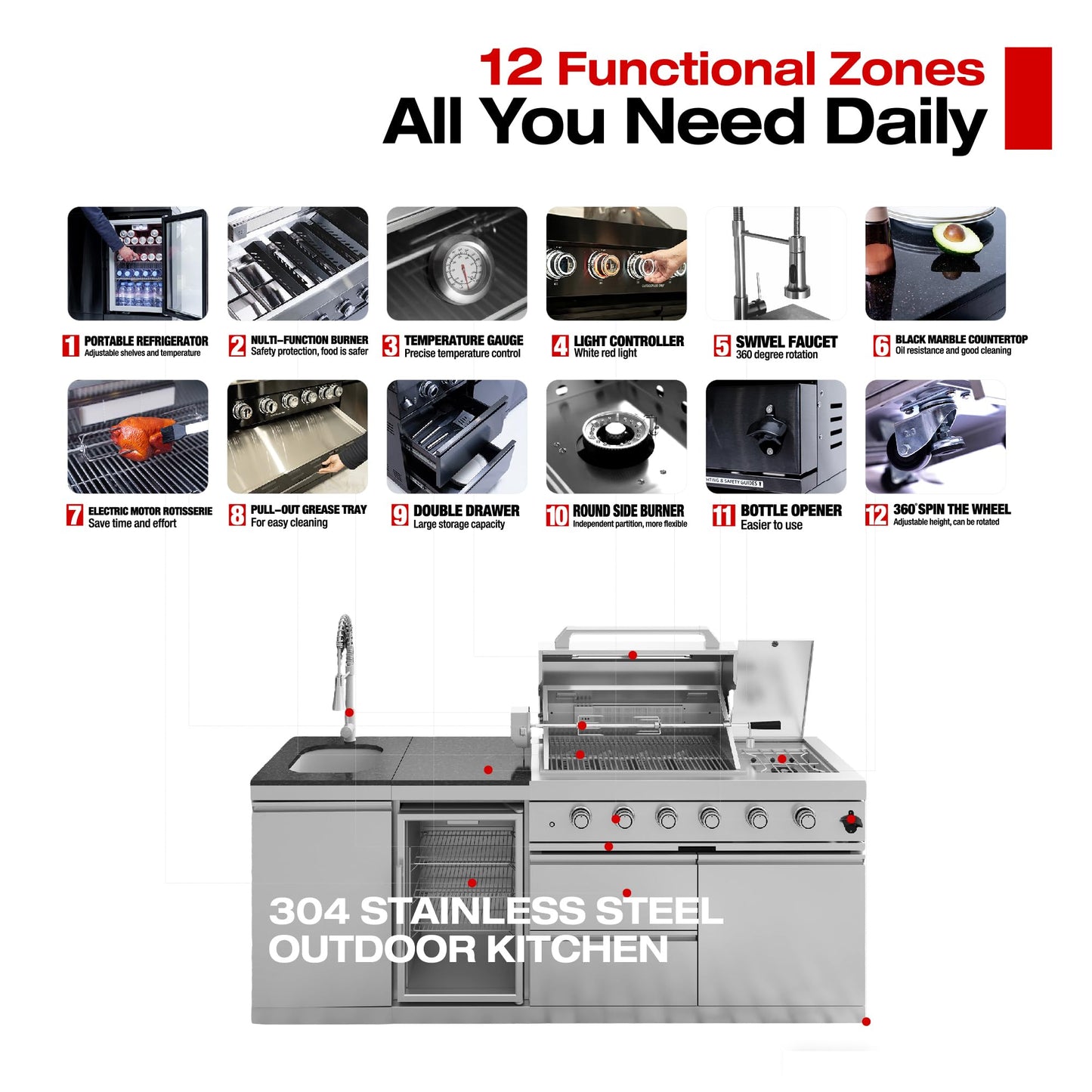 LPG 4-Burner 72000 BTU Stainless Steel Outdoor Kitchen Island Grill,Wine Cooler Refrigerator,Motorized Spit Kit,Granite Countertop, Sink, Infrared Rear Sear Station, Drawers, Cabinet, Wheels (Silver)