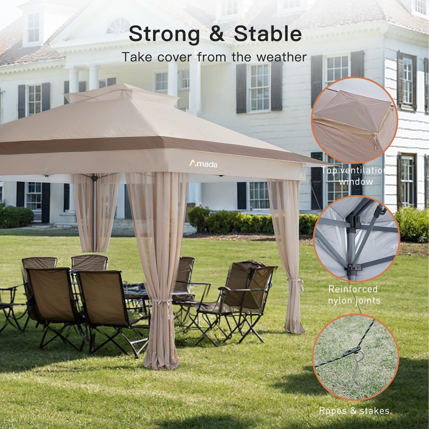 Amada 13x13 Pop Up Outdoor Gazebos on Clearance for Backyard & Patio Furniture with Wheeled STO-N-Go Cover Bag, Carpa Pop Up Tent with Shelter Mosquito for Patio, Lawn, Garden(13×13ft, Khaki)