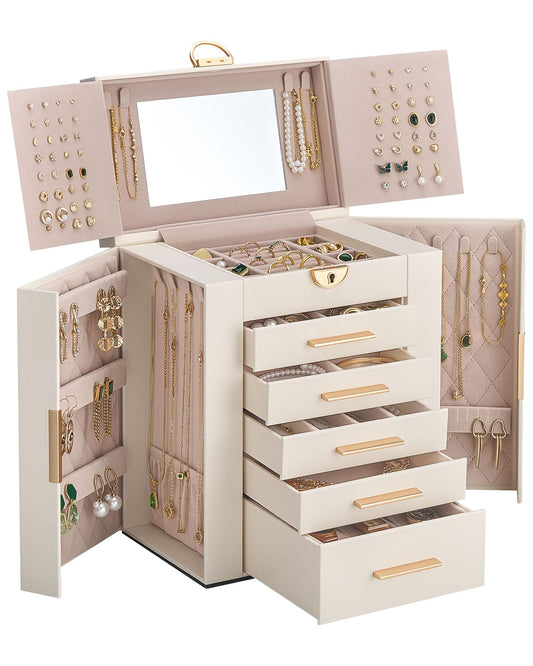 Lolalet Large Jewelry Box, 6-Layer Jewelry Organizer with 5 Drawers -Beige