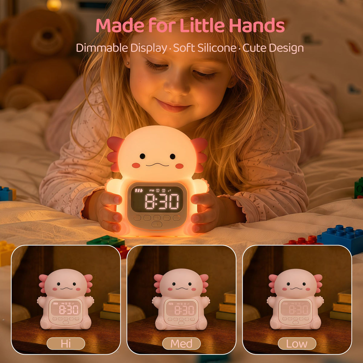 Axolotl Alarm Clock for Kids, Cute Night Light Toddler Alarm Clocks, Pink