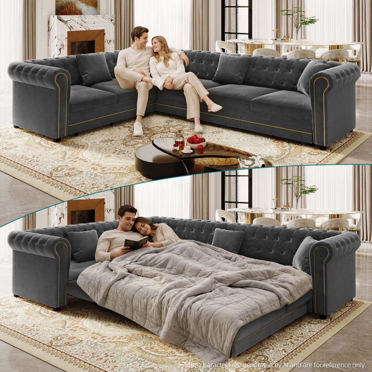 115.3'' Sleeper Sofa Bed King, Velvet Chesterfield Pull Out Couches, Gray