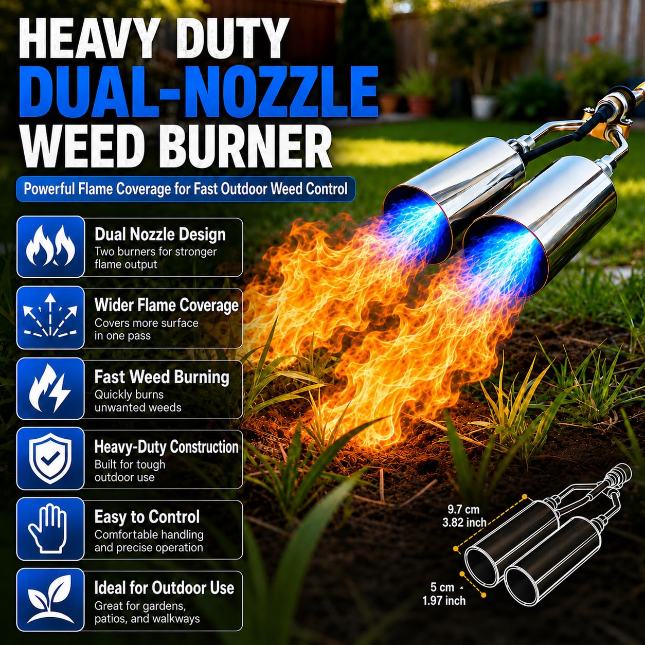 Dual-Nozzle Propane Weed Torch, Heavy Duty Weed Burner Torch with 11.5 FT Hose, Trigger Ignition & Adjustable Flame, Outdoor Propane Torch for Garden, Driveway, Patio, Wood, Ice and Snow, Black