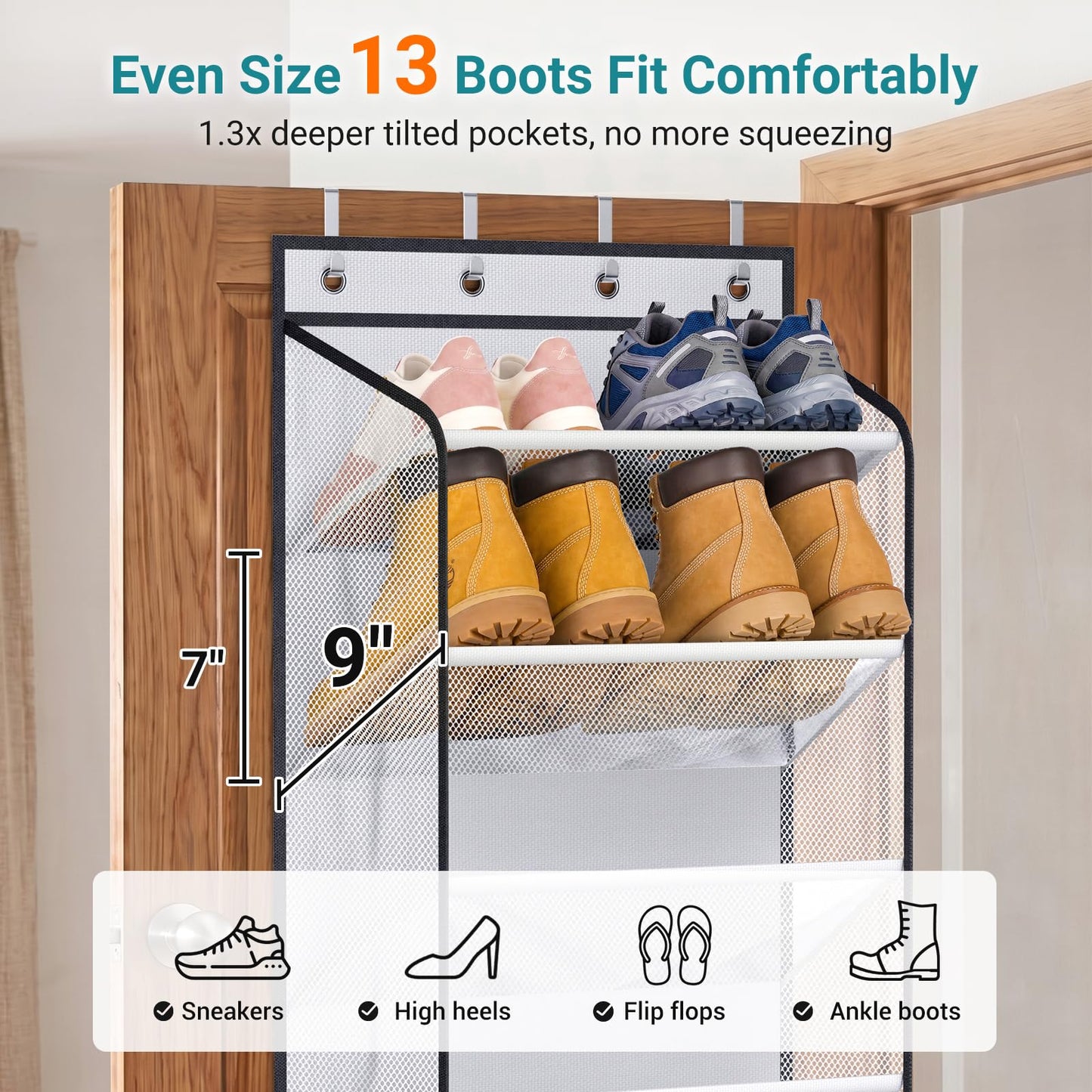 MISSLO Large Pockets Over the Door Shoe Organizer for Closet Hanging Shoe Rack for Door Shoes Storage Fits 24 Pairs Sneakers and Boots, 8 Tiers (White)