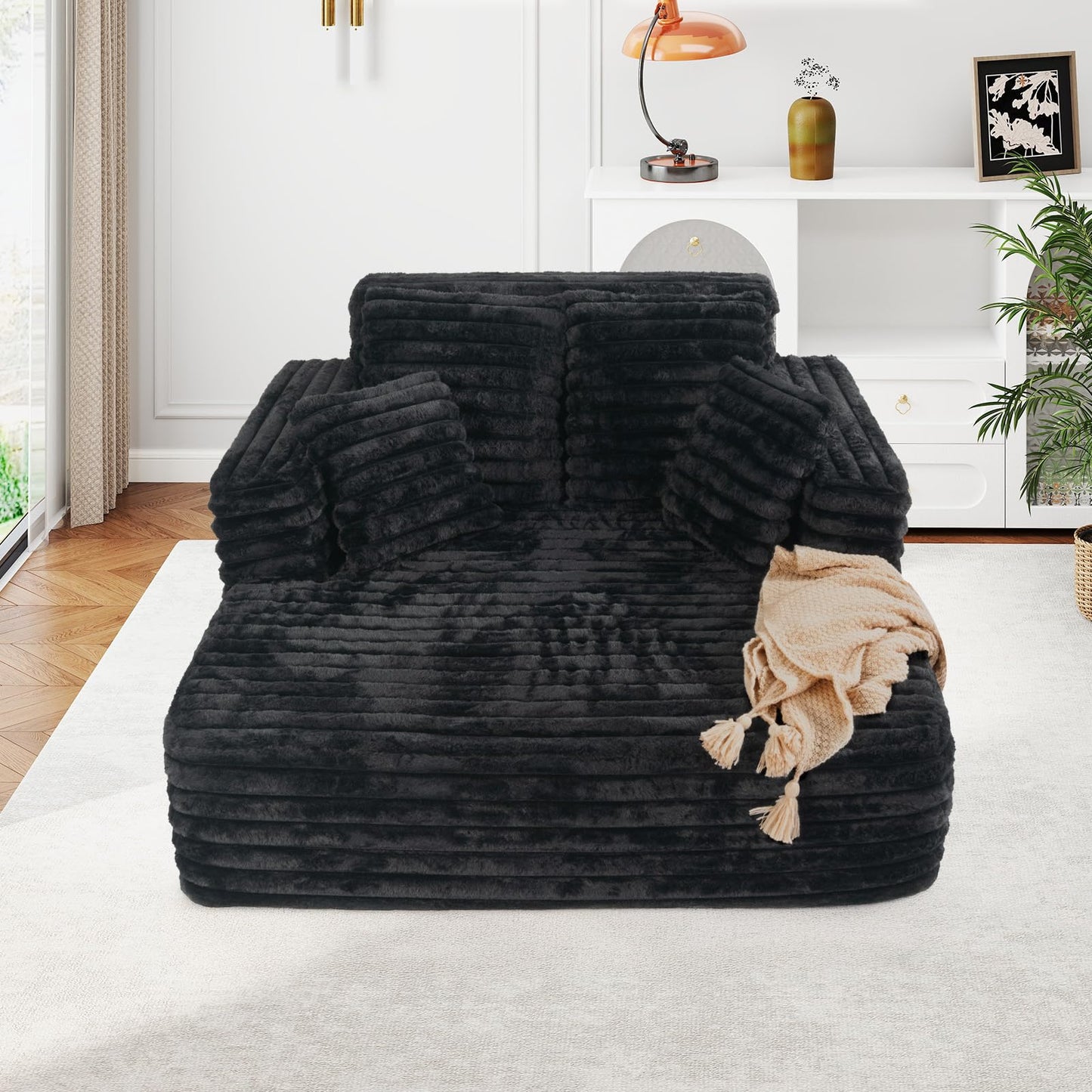 JEEOHEY 56" Oversized Chaise Lounge Chair Indoor,Plush Faux Fur Sleeper Sofa Couch Bed with Pillows&Wide Armrests,Fluffy Comfy Cloud Couch,Compression Foam Couch for Living Room,Bedroom(Black)