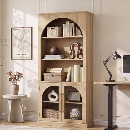 LELELINKY Arched Bookshelf with Tempered Glass Doors, 67" Tall Bookcase