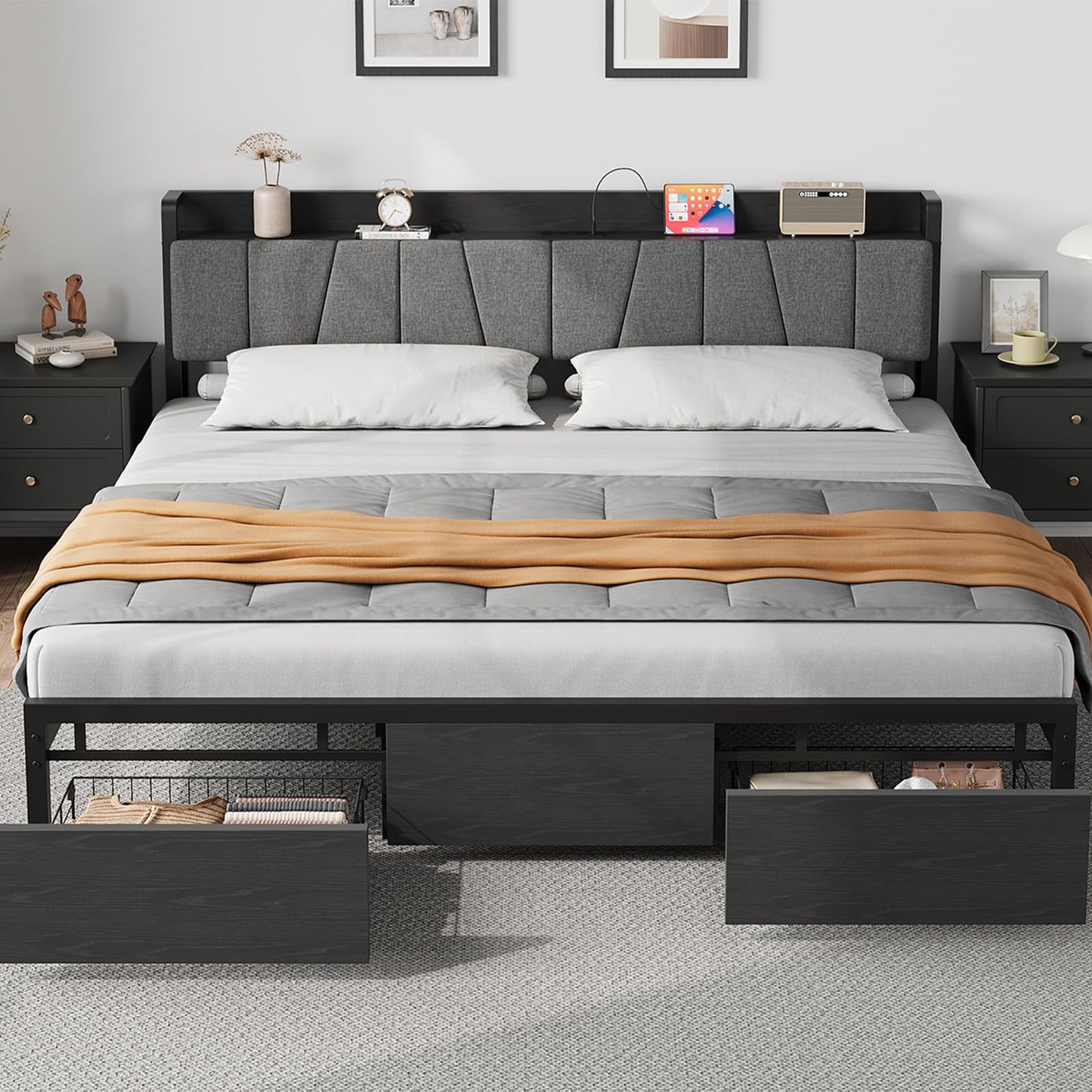 GarveeHome King Size Bed Frame with Storage Headboard, Black King Platform Bed with 2 Large Drawers and Charging Station, Industrial No Box Spring Needed Bedframe