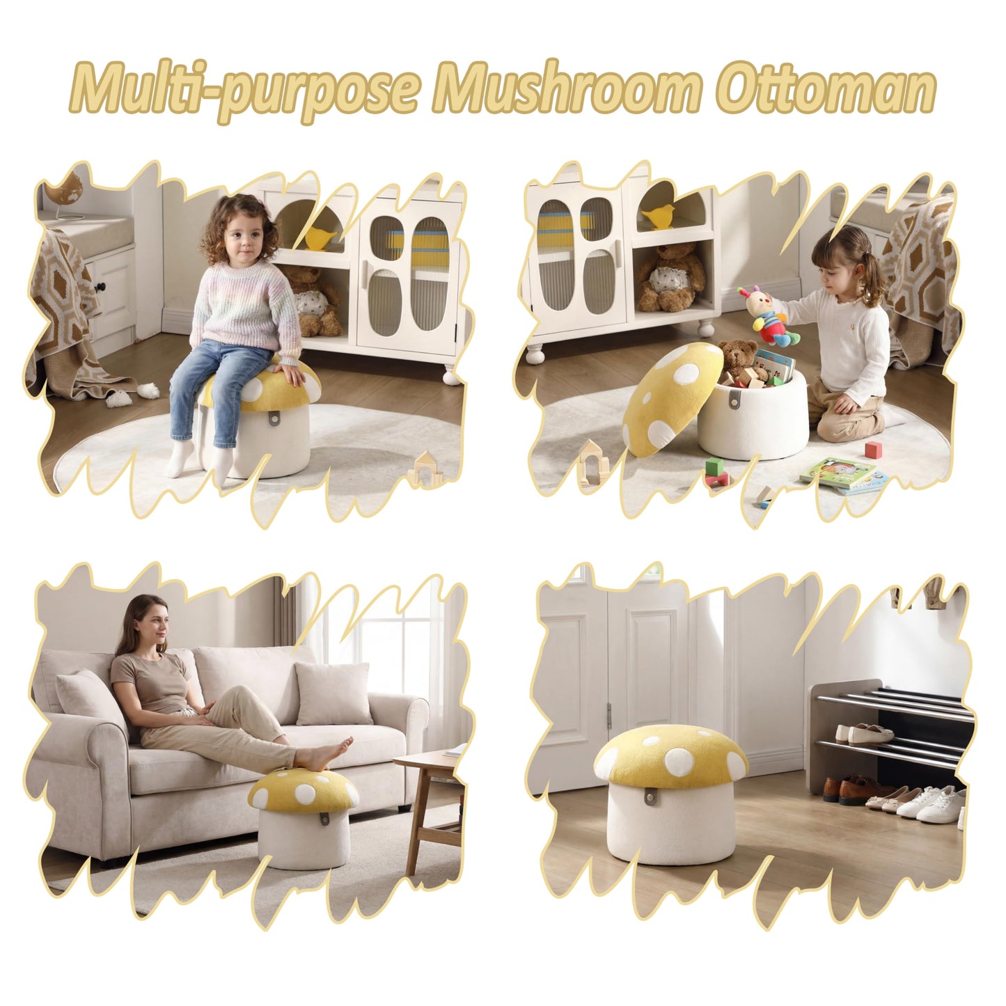 DAYAOUTDOOR Kids Mushroom Storage Ottoman, Cute Kids Desk Chairs, Mushroom Armchair, Children Round Storage Ottomans, Small Multi-Purpose Footstool for Playroom & Bedroom, Yellow Mushroom