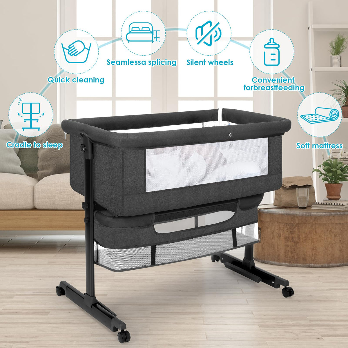 YADAQE Baby Cradle, Freestanding Bedside Bassinet, 3-in-1 Convertible Bassinet with 360° Swivel Wheels, 2026 New Model Adjustable, Easy-Fold Portable Neutral Baby Newborn Bassinet (Dark Gray)