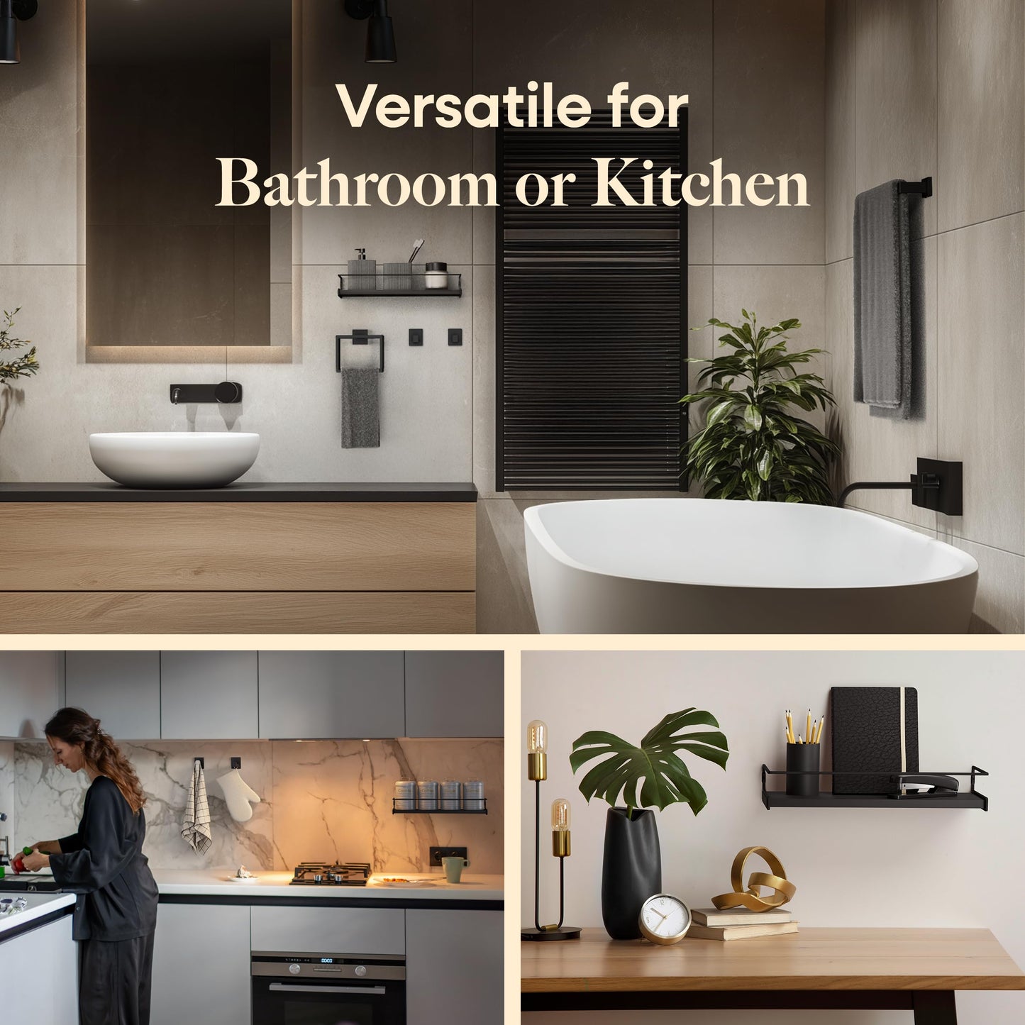 Black Bathroom Hardware Set, 5-Piece + 15.7" Shelf & 2 Adhesive Robe Hooks