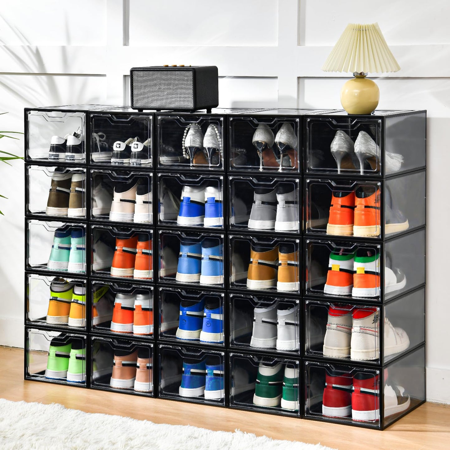 Stebopum 12 Pack Stackable Shoe Storage Organizer with Magnetic Door, Shoe Boxes Clear Black Plastic for Closet, Shoe Rack for Sneaker Boot Container, Shoe Cabinet Fit up to US Size 12