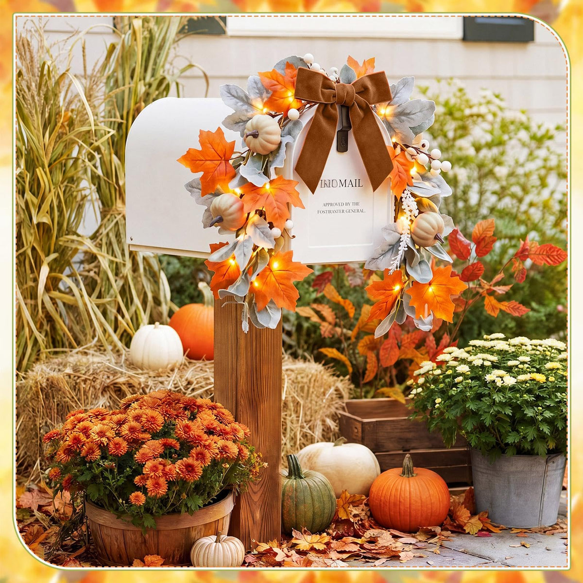 Wavyknot Fall Mailbox Decor 23.6'' Autumn Mailbox Swag Garland with Lights, Fall Pumpkins Maple Leaves Garland Thanksgiving Harvest Swag for Mail Box Window Mantels Home and Outside Decor