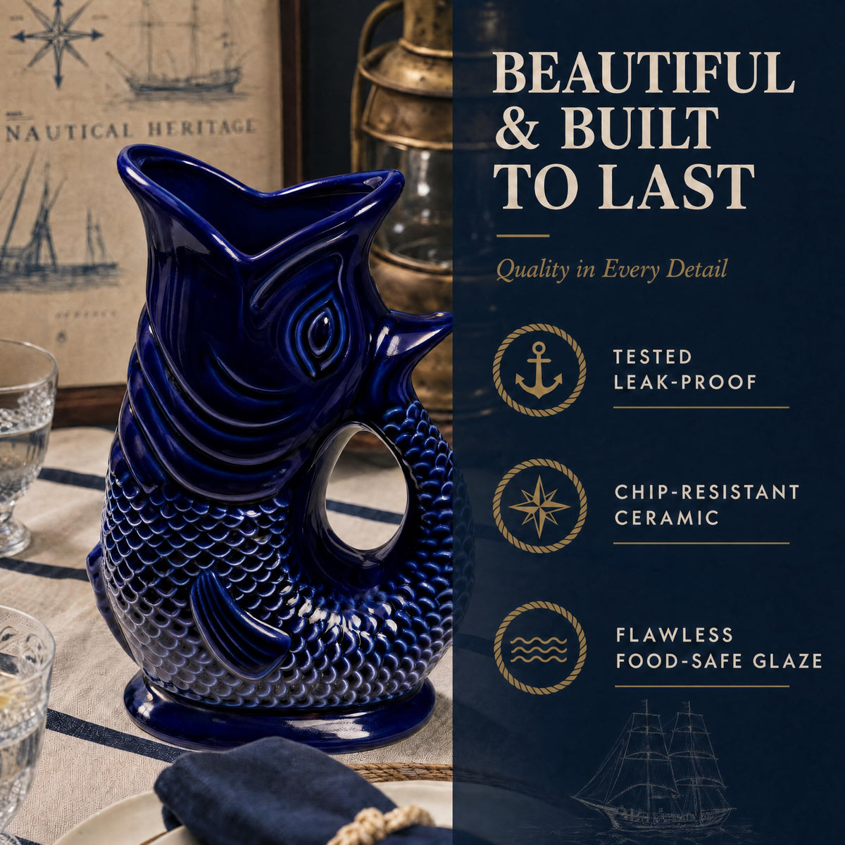 Giggling Grandma Fish Jug 50 fl oz Ceramic Pitcher, Dark Cobalt Blue