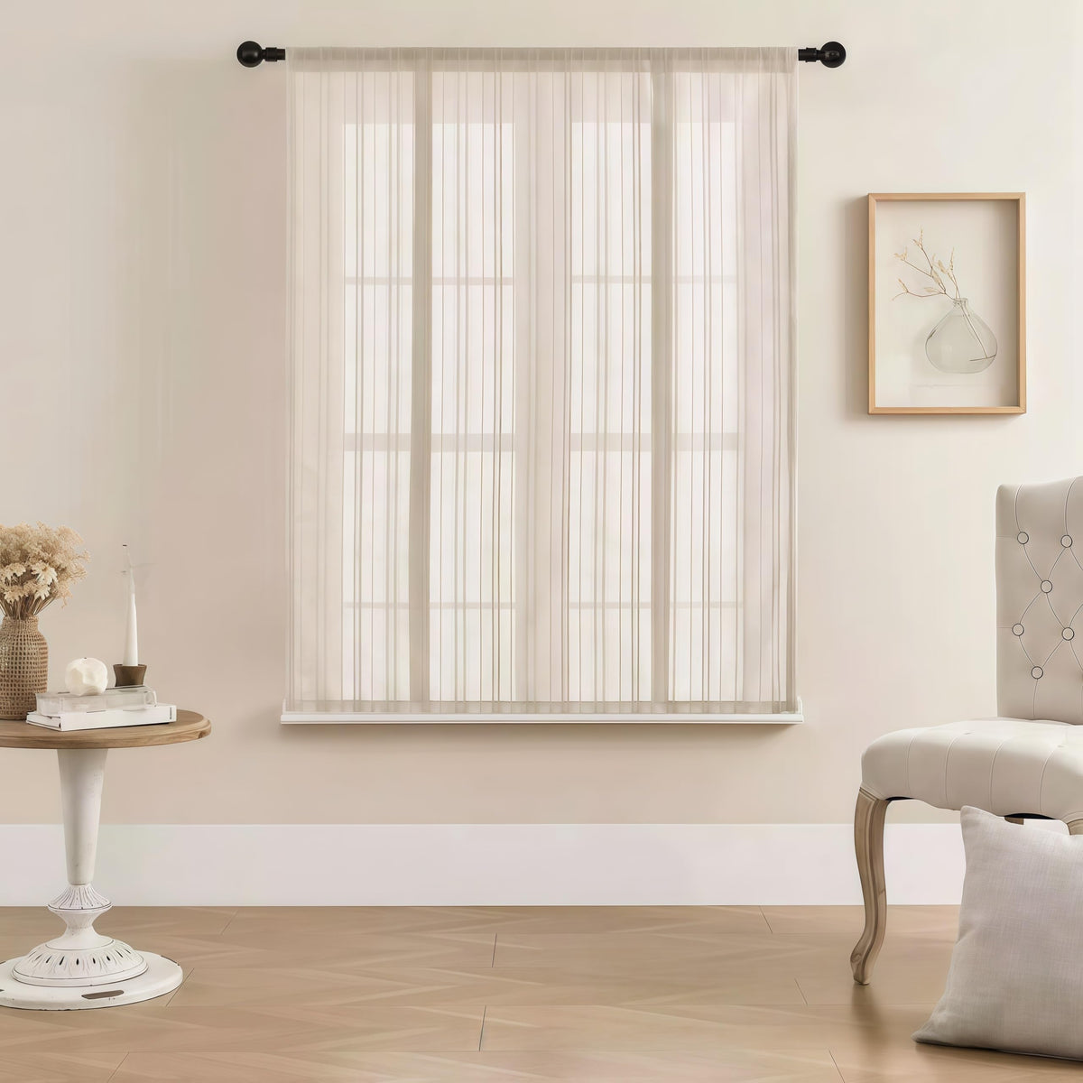Gxi Beige Striped Sheer Curtain Tie Up Balloon Curtain for Kitchen Bathroom