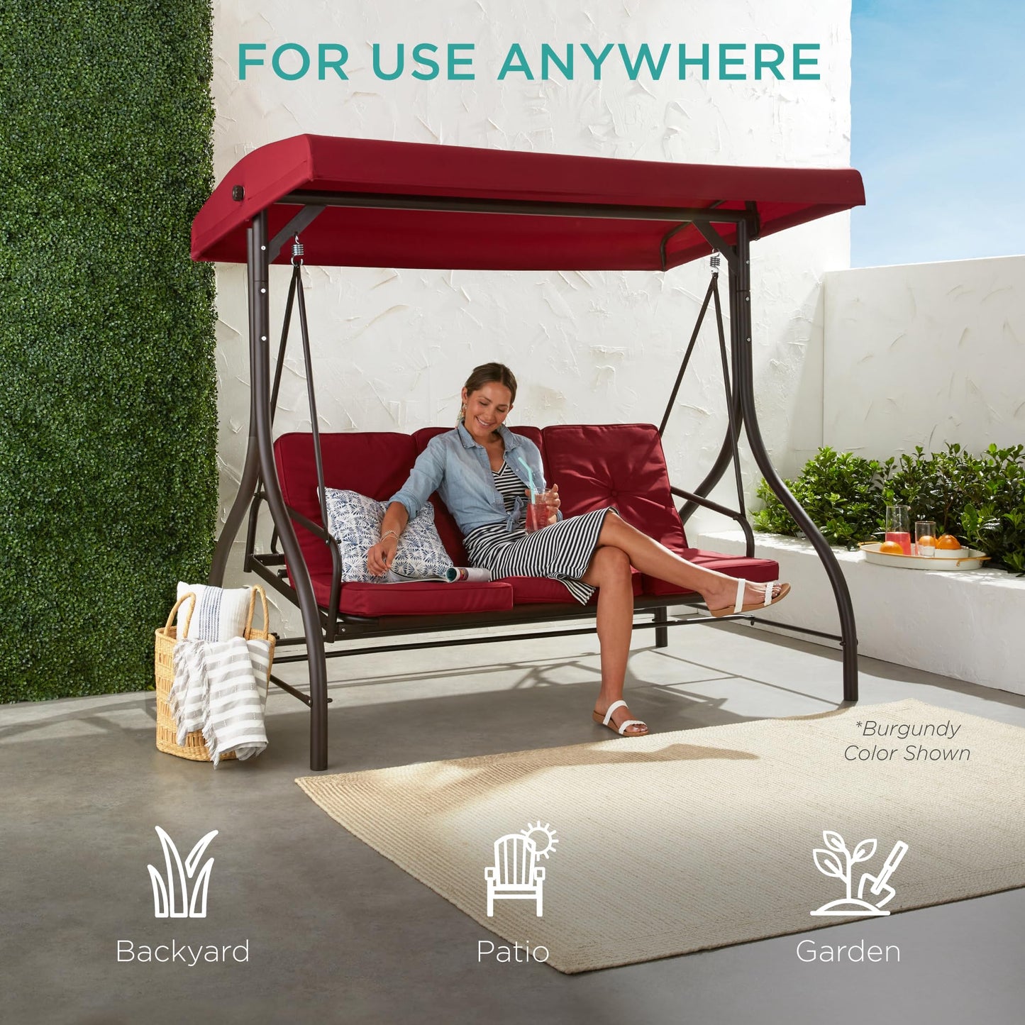 Best Choice Products 3-Seat Outdoor Large Converting Canopy Swing Glider, Patio Hammock Lounge Chair for Porch, Backyard w/Flatbed, Adjustable Shade, Removable Cushions - Brown