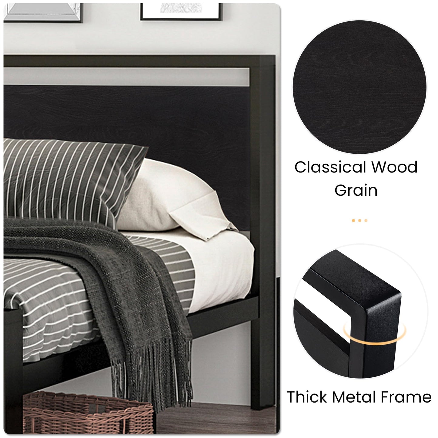 SHA CERLIN Full Size Bed Frame, Wooden Headboard and Footboard, Black Oak